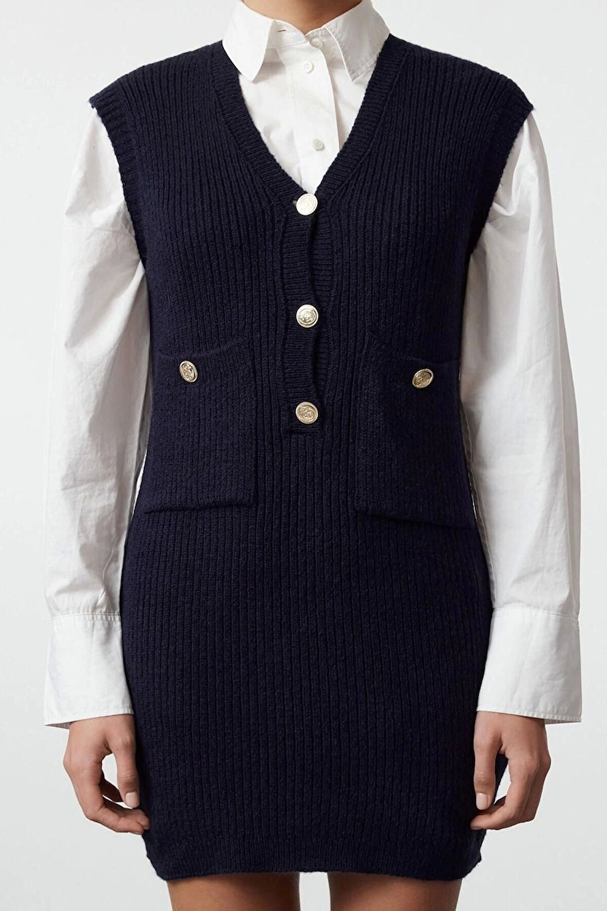 Kadın Moda Şık Mini Boy V Yaka Slim Triko Yumuşak Dokulu Elbise