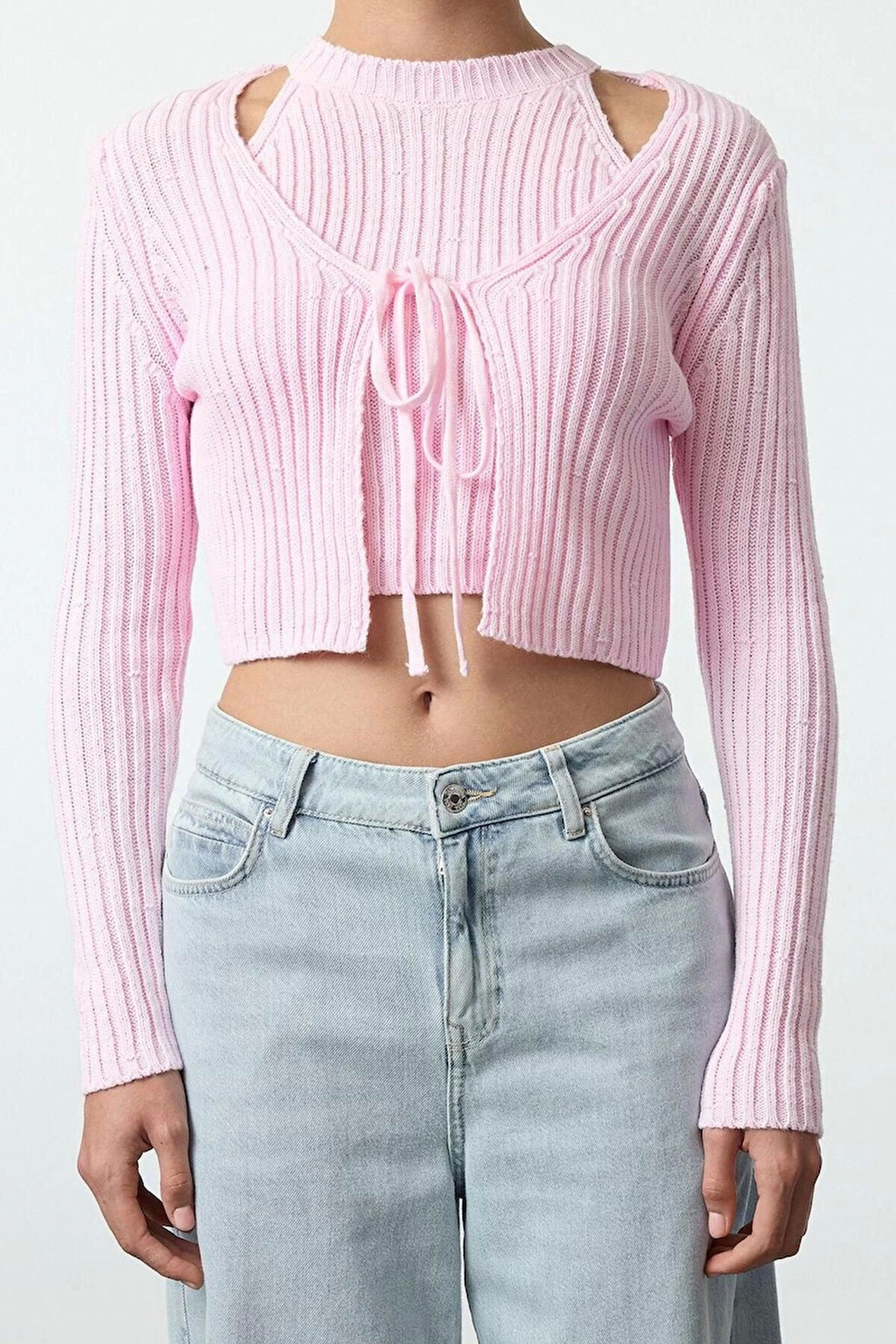 Kadın Moda Şık Crop V Yaka Slim Crop Bluz-Hırka Takım Triko Hırka