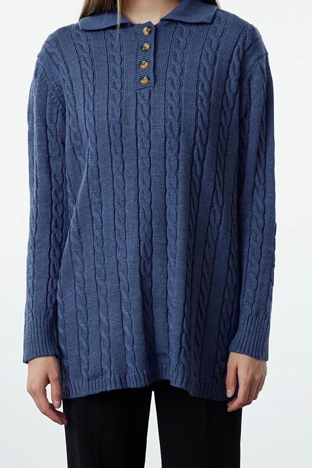 Kadın Tesettür Moda Şık Regular Polo Yaka Uzun Kol Saç Örgü lü Triko Kazak