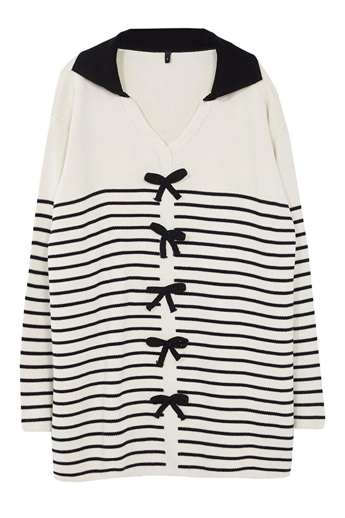 Kadın Tesettür Moda Şık Regular Polo Yaka Uzun Kol Çizgili Fiyonk Detaylı Triko Kazak