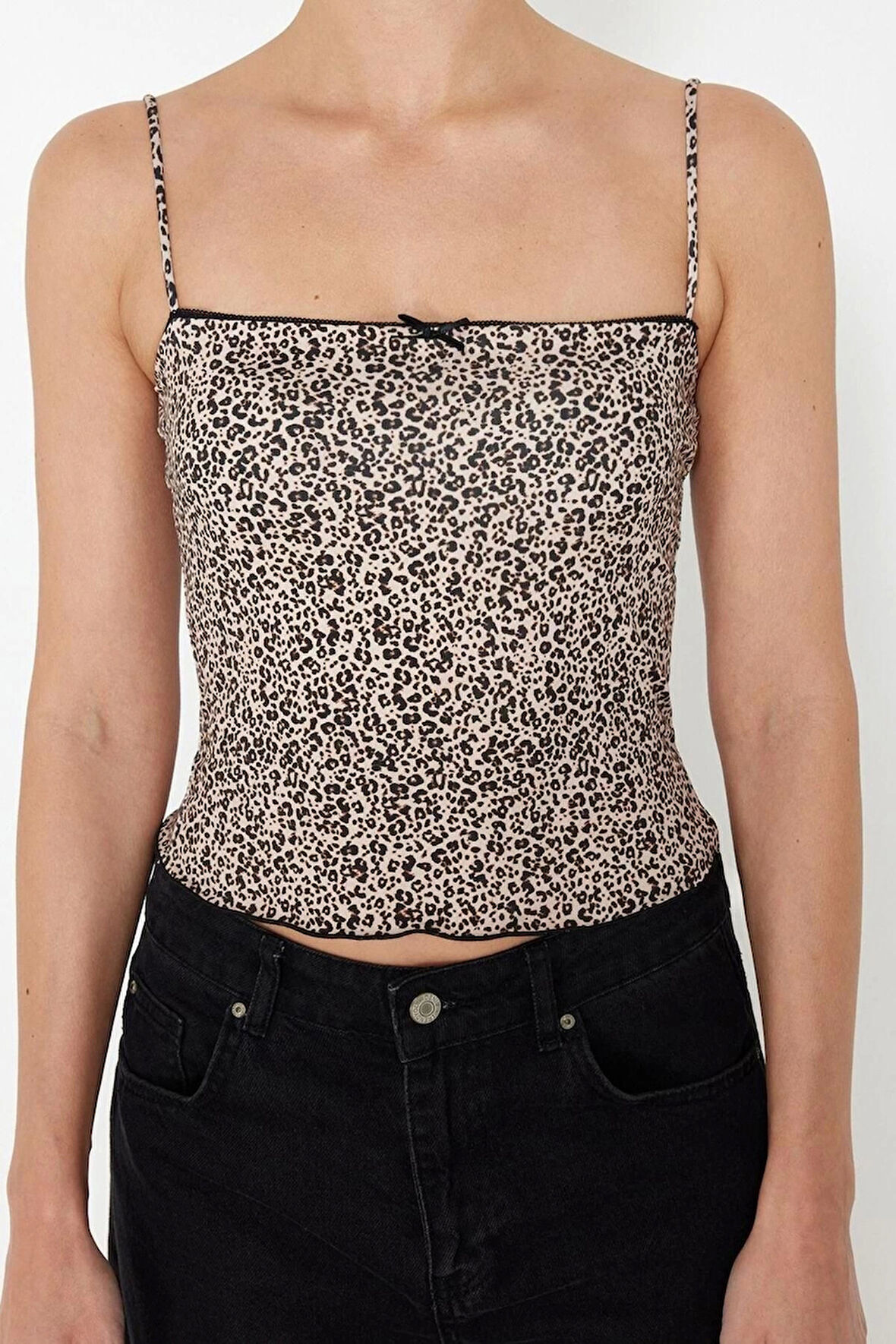Kadın Moda Şık Üst Giyim Crop Kare Yaka Slim Kalıp Örme Leopar Baskılı Süper Esnek Bluz