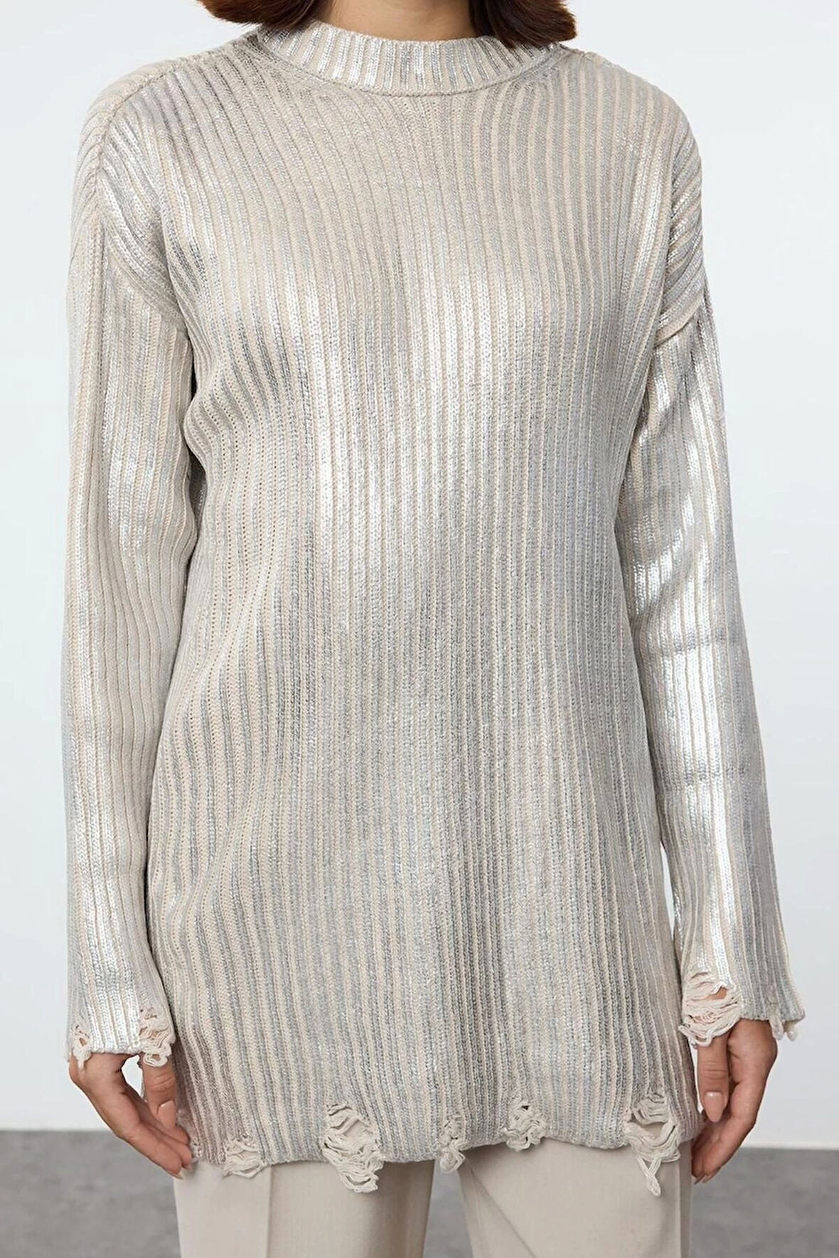 Kadın Tesettür Moda Şık Regular Bisiklet Yaka Uzun Kol Düz Varak Baskılı Triko Kazak