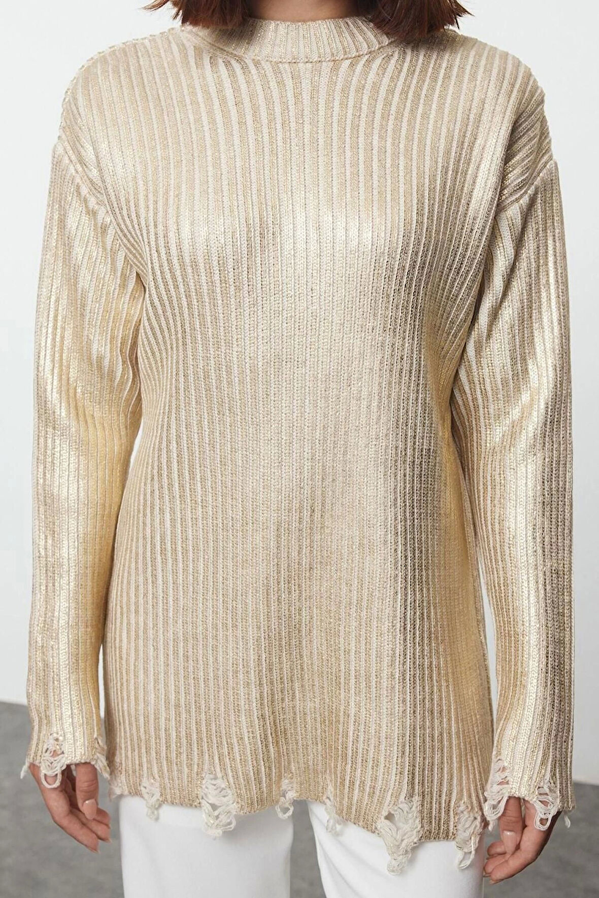 Kadın Tesettür Moda Şık Regular Bisiklet Yaka Uzun Kol Düz Varak Baskılı Triko Kazak