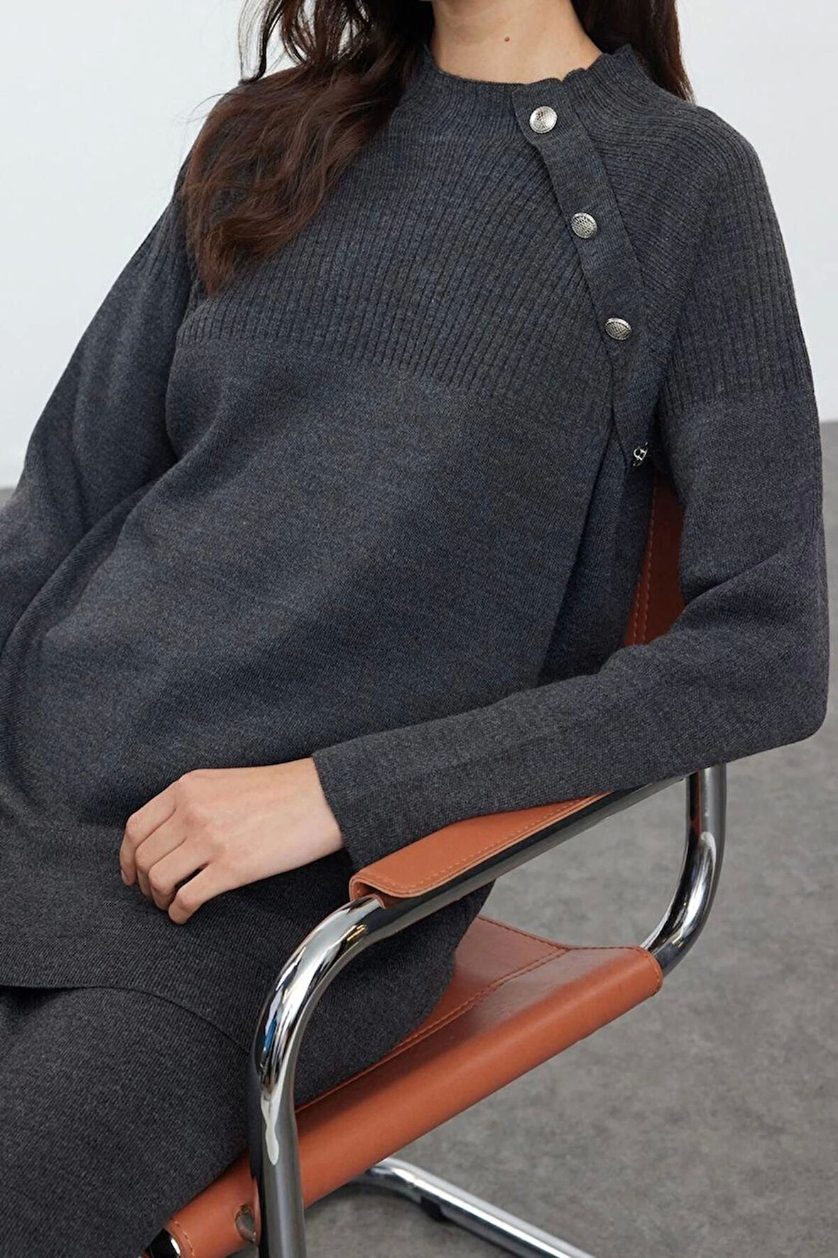 Kadın Moda Şık Regular Boy Uzun Kollu Düğme Detaylı Triko Alt-Üst Takım