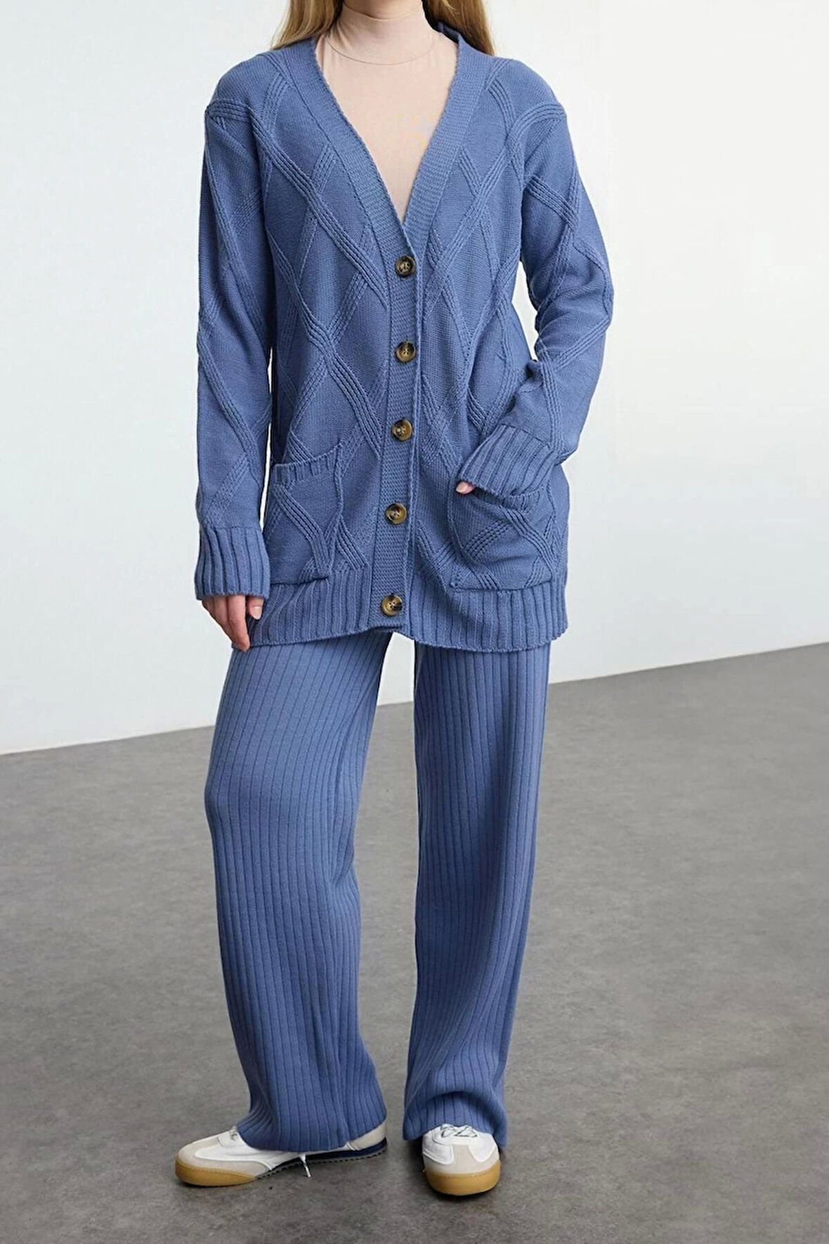 Kadın Moda Şık Geniş Paça Regular Boy Uzun Kollu Saç Örgülü Triko Alt-Üst Takım