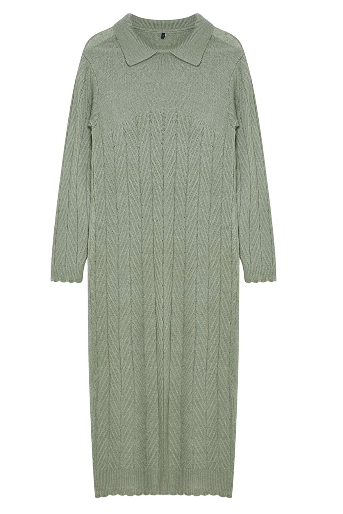 Kadın Moda Şık Tesettür Maxi Boy Polo Yaka Regular Balık Sırtı Desenli Triko Elbise