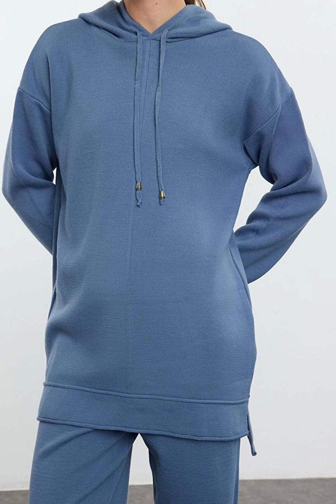 Kadın Moda Şık Geniş Paça Regular Boy Uzun Kollu Kapüşonlu Kazak Pantolon Triko Alt-Üst Takım