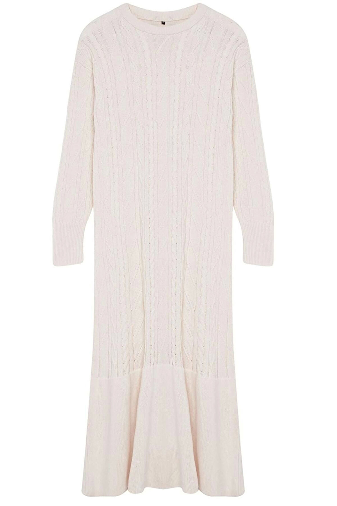 Kadın Moda Şık Tesettür Maxi Boy Bisiklet Yaka Relaxed Saç Örgü Desenli Eteği Volanlı Triko Elbise