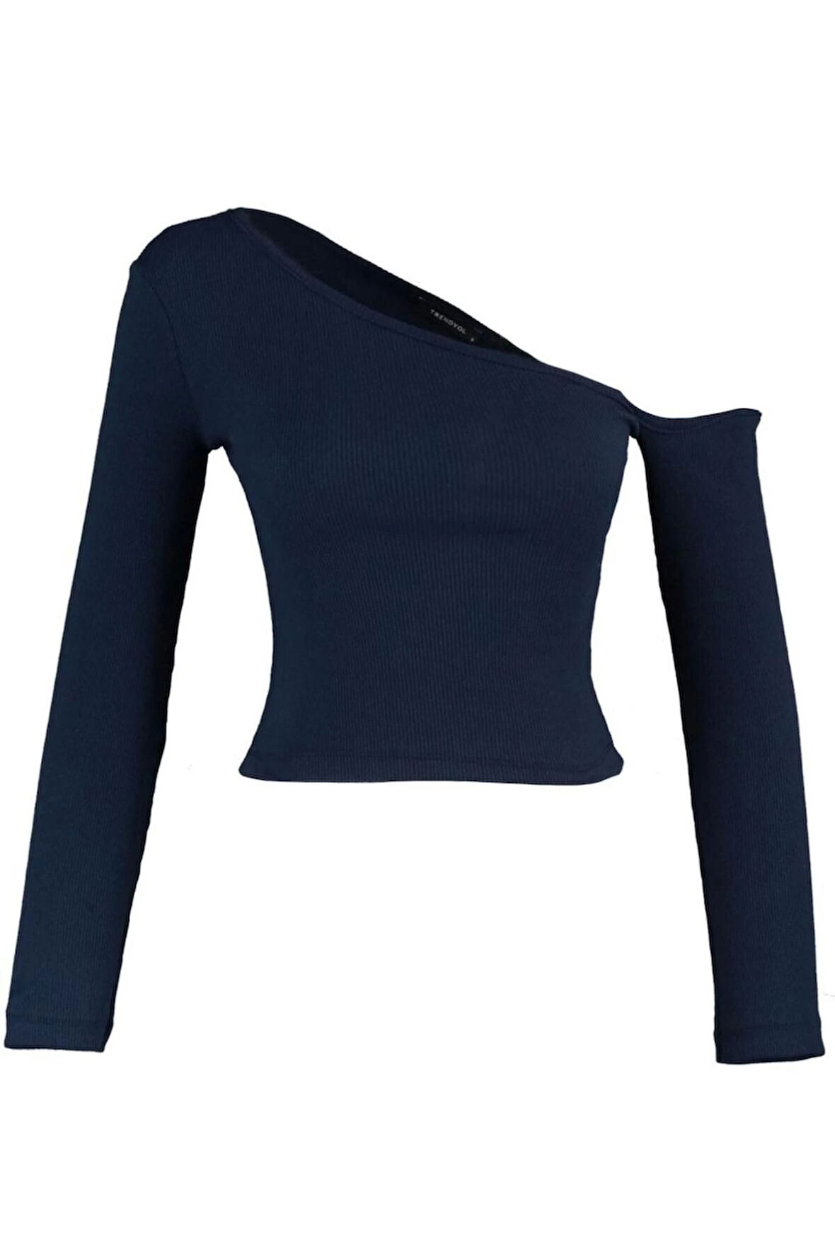 Kadın Şık Crop Asimetrik Yaka Düşük Kol Slim Kalıp Örme Fitted Vücuda Oturan Omzu Açık Fitilli Bluz