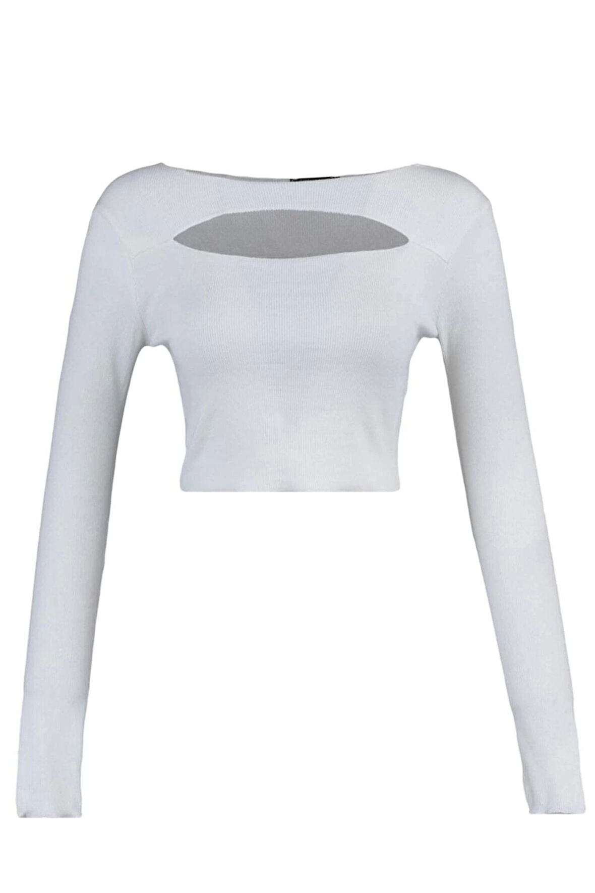 Kadın Crop Kayık Yaka Slim Kalıp Örme Fitilli Fitted Vücuda Oturan Pencere Cut Out Esnek Bluz