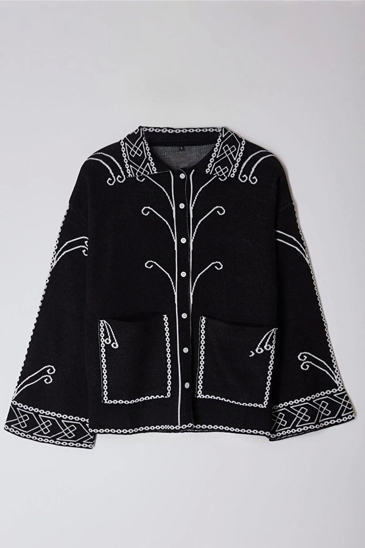 Kadın Moda Şık Regular Polo Yaka Regular Etnik Desenli Triko Hırka