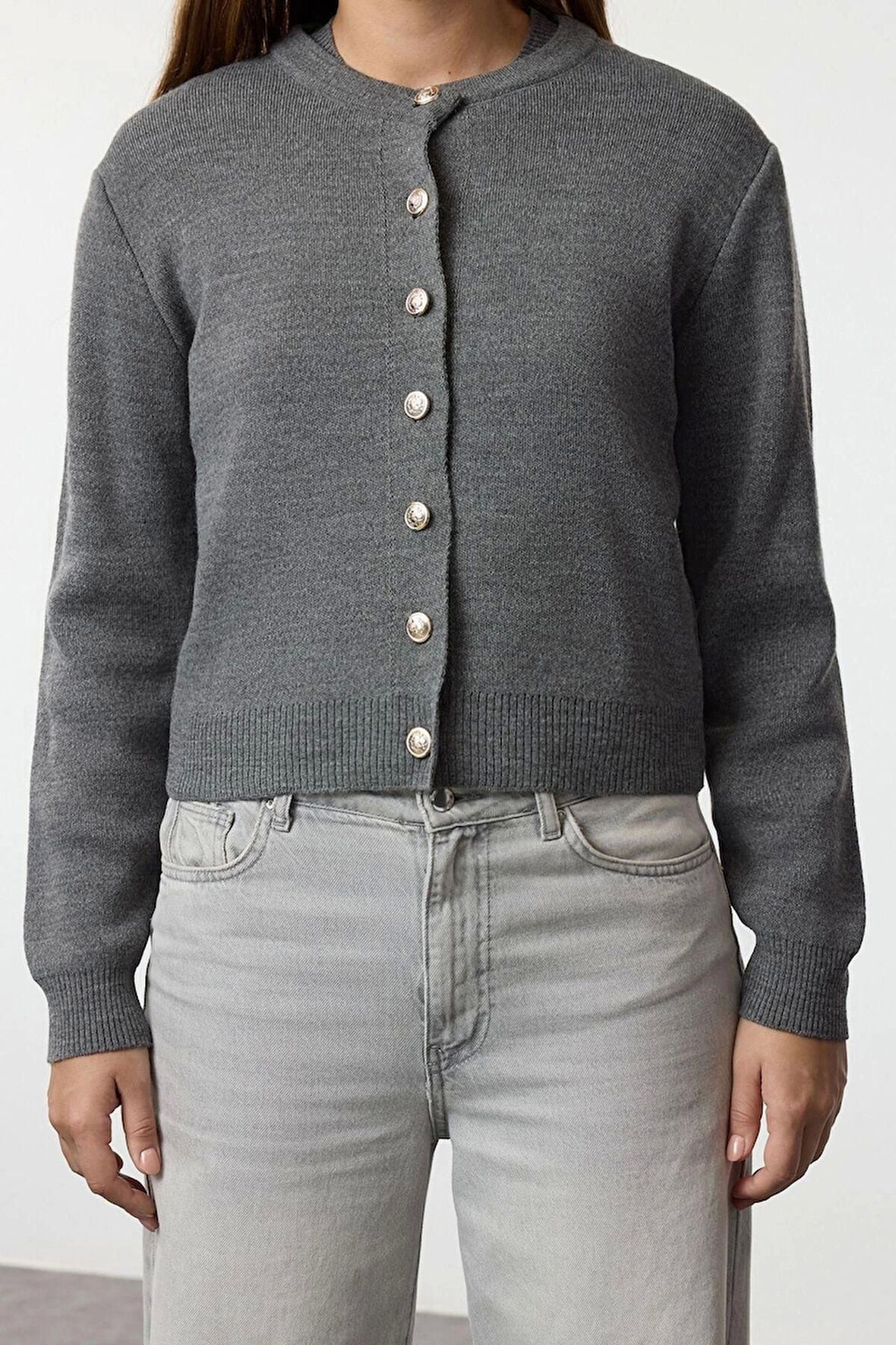 Kadın Moda Şık Bisiklet Yaka Standart Kol Regular Basic Hırka-Bluz Triko Hırka