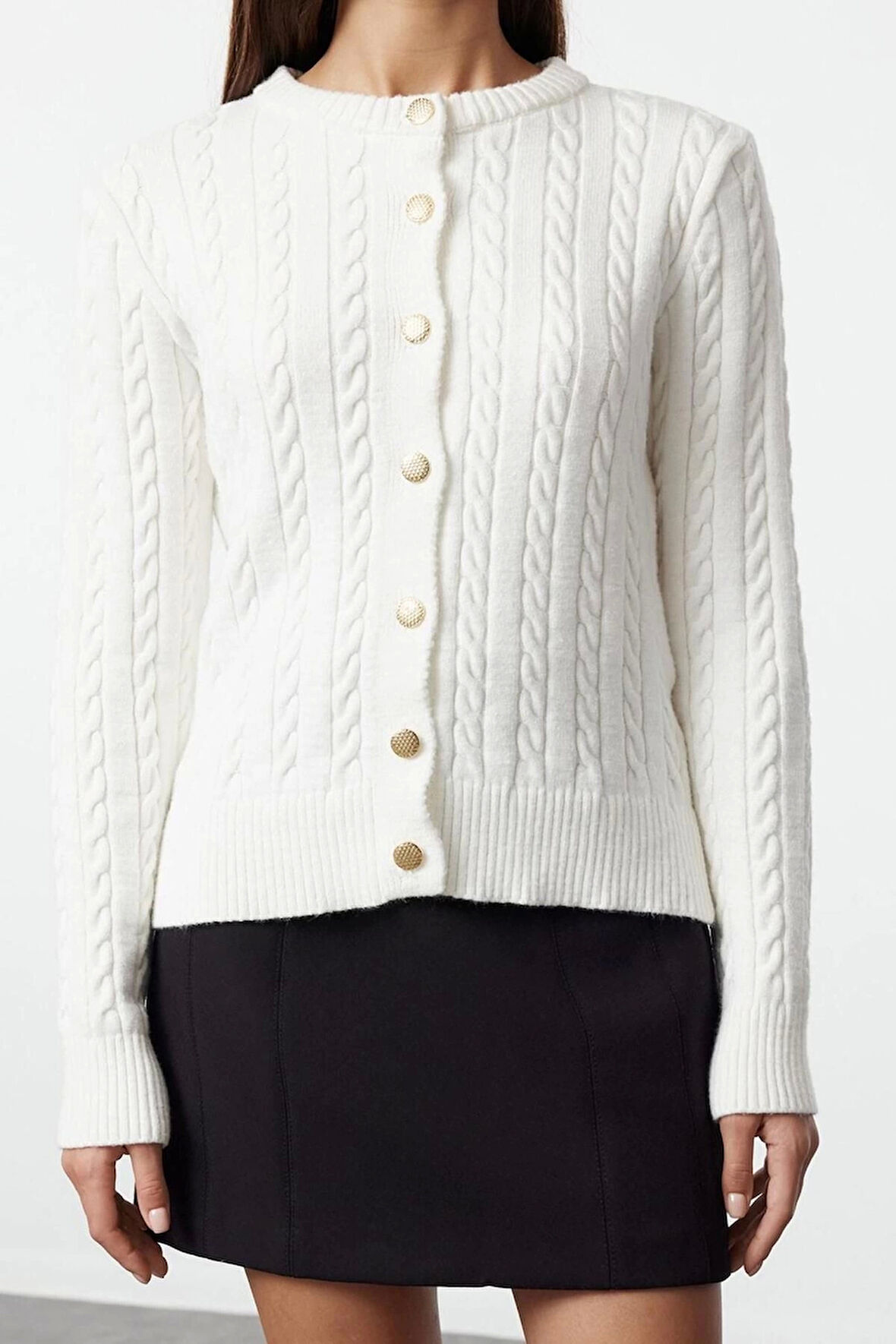 Kadın Moda Şık Regular Bisiklet Yaka Slim Premium İplik Örgü Detaylı Ceket Görünümlü Triko Hırka