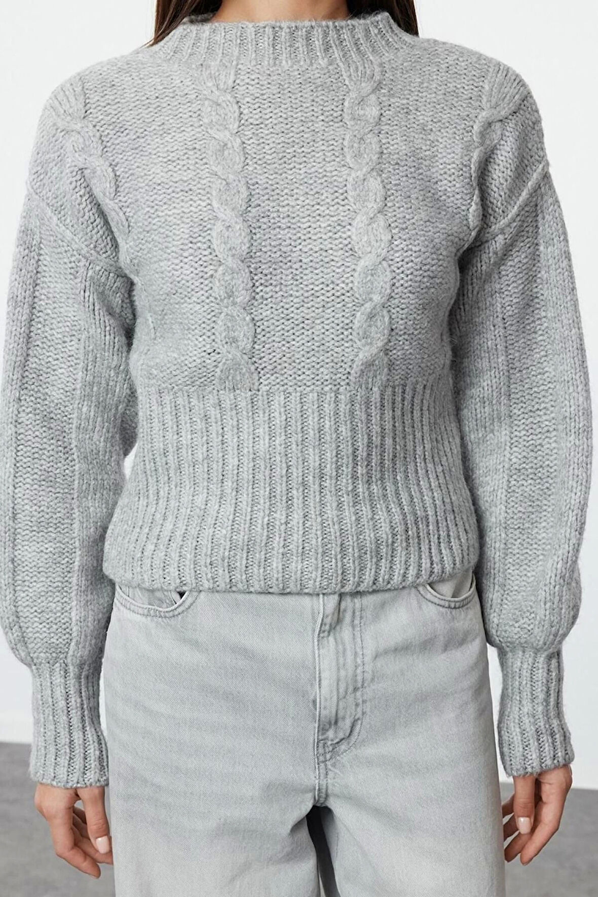 Kadın Moda Şık Dik Yaka Standart Kol Crop Saç Örgü Bisiklet Yaka Triko Kazak