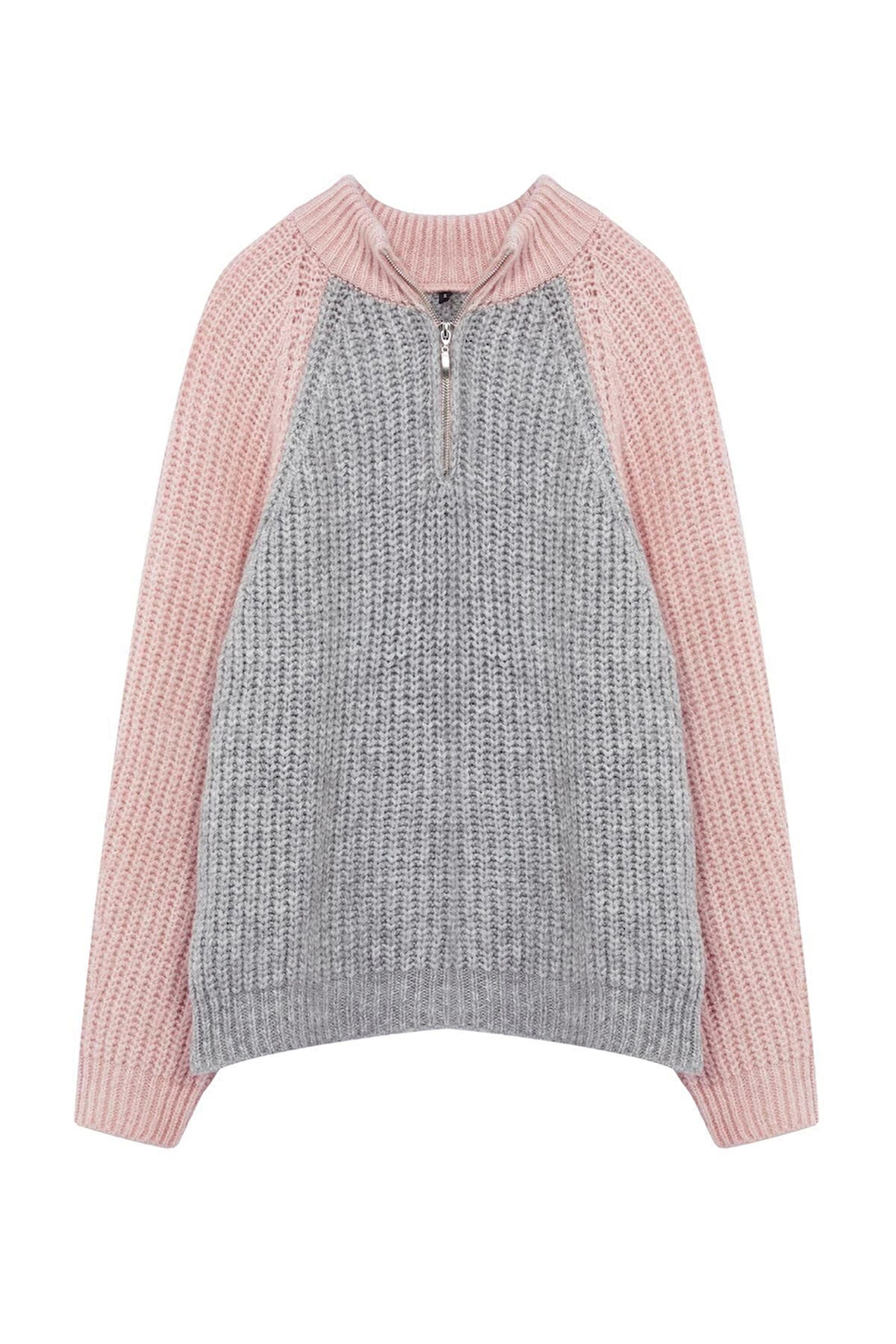 Kadın Moda Şık Dik Yaka Standart Kol Regular Renk Bloklu Fermuarlı Triko Kazak