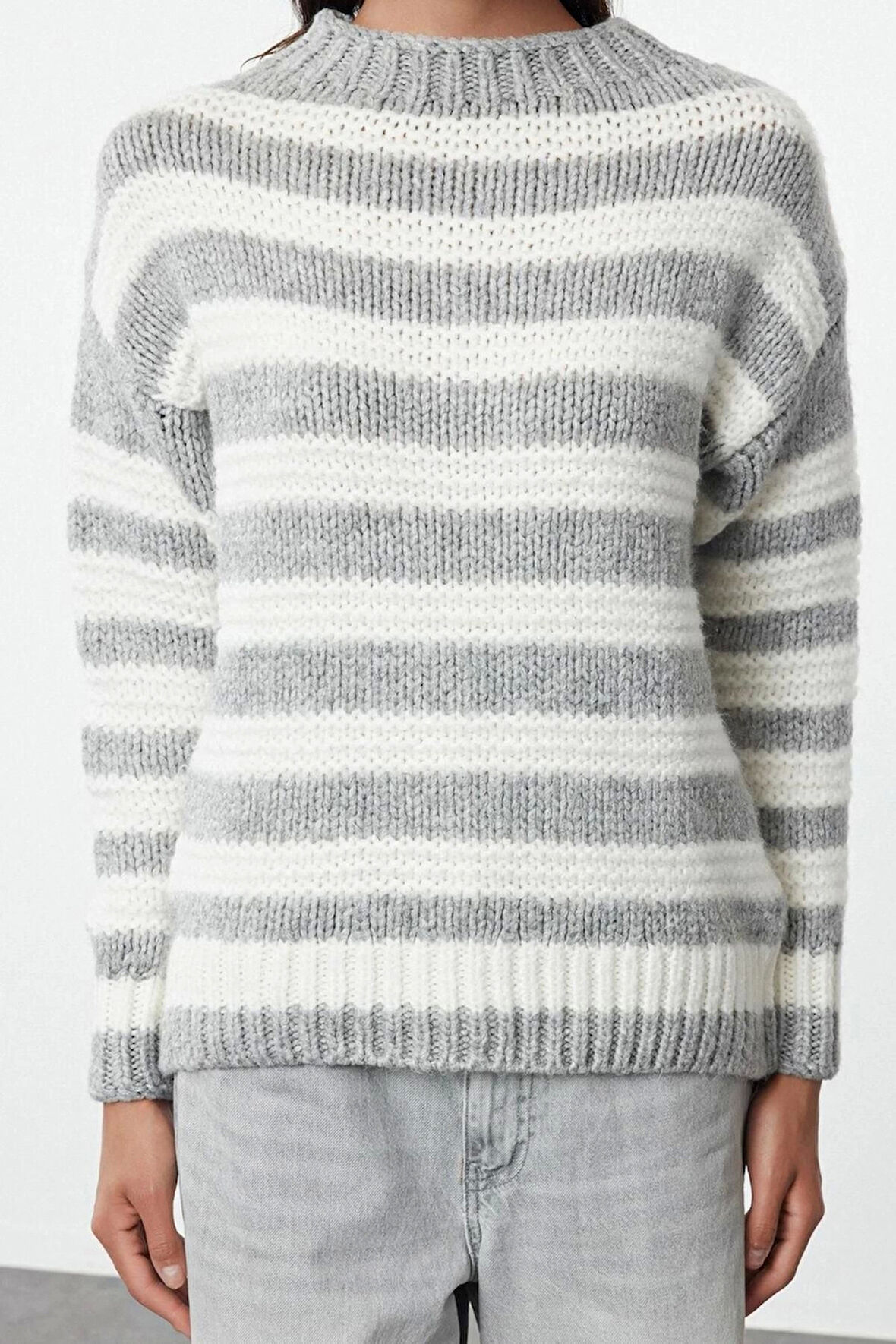 Kadın Moda Şık Bisiklet Yaka Standart Kol Regular Renk Bloklu Triko Kazak