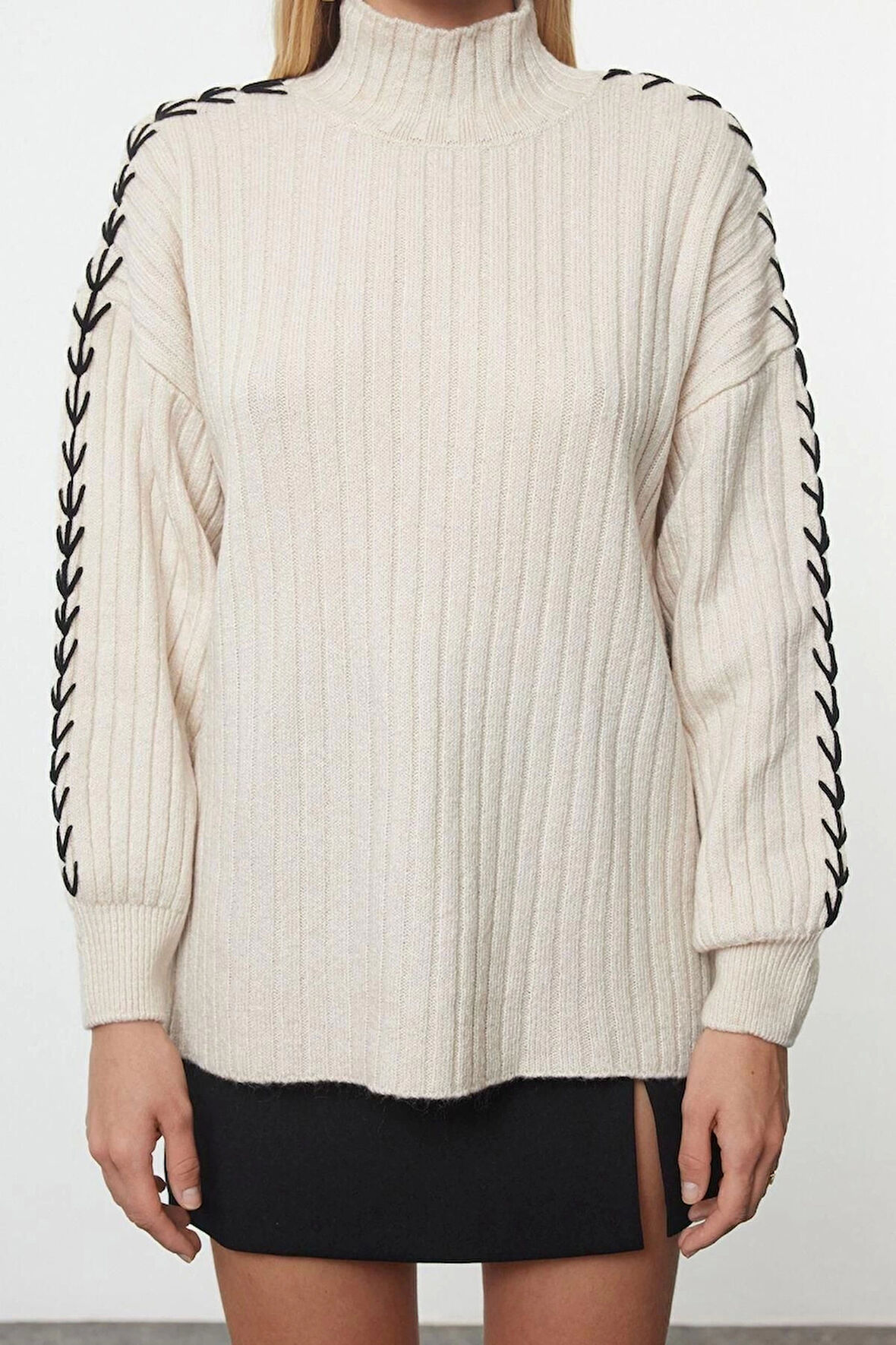 Kadın Moda Şık Dik Yaka Standart Kol Regular Triko Kazak