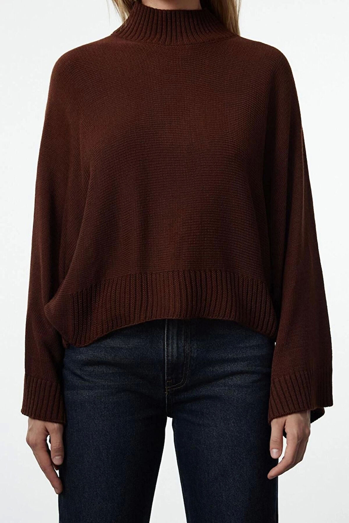 Kadın Moda Şık Regular Dik Yaka Uzun Kol Düz Geniş Kalıp Yarasa Kol Triko Kazak