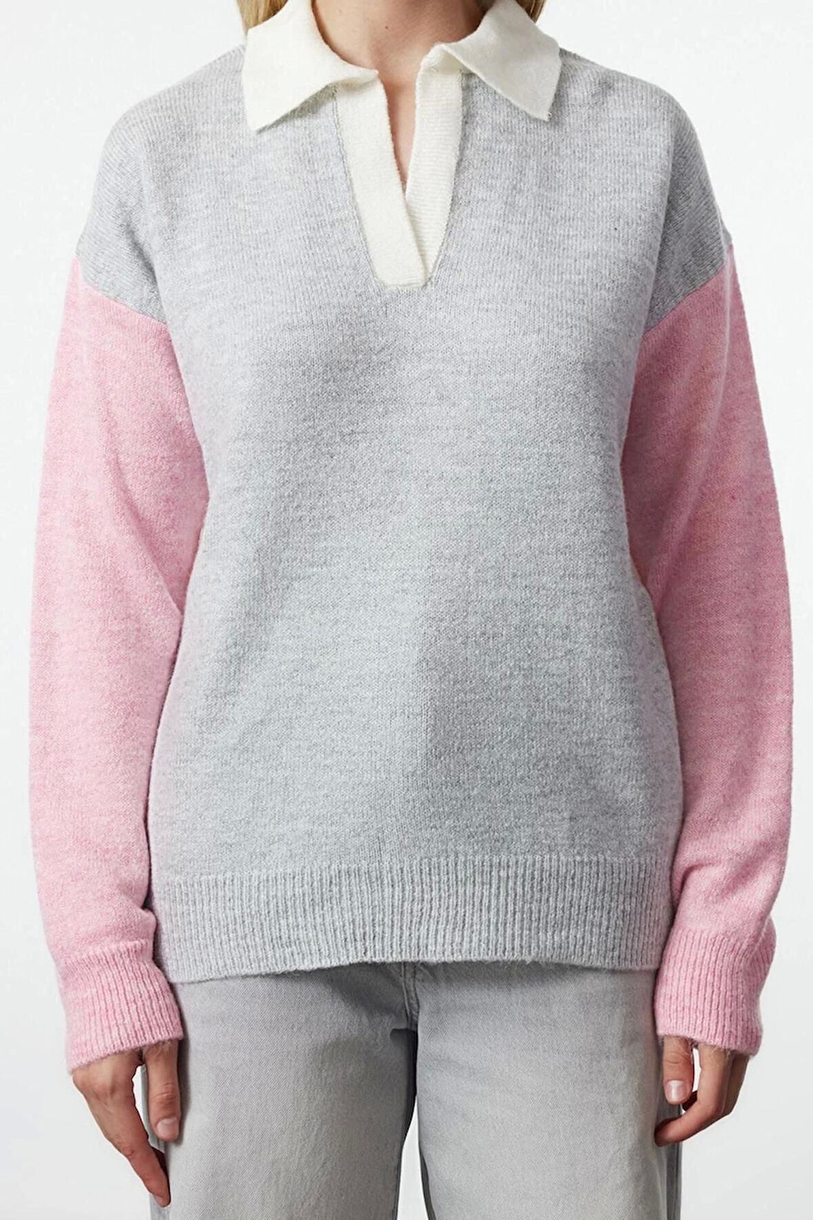Kadın Moda Şık Polo Yaka Standart Kol Regular Yumuşak Dokulu Renk Bloklu Triko Kazak