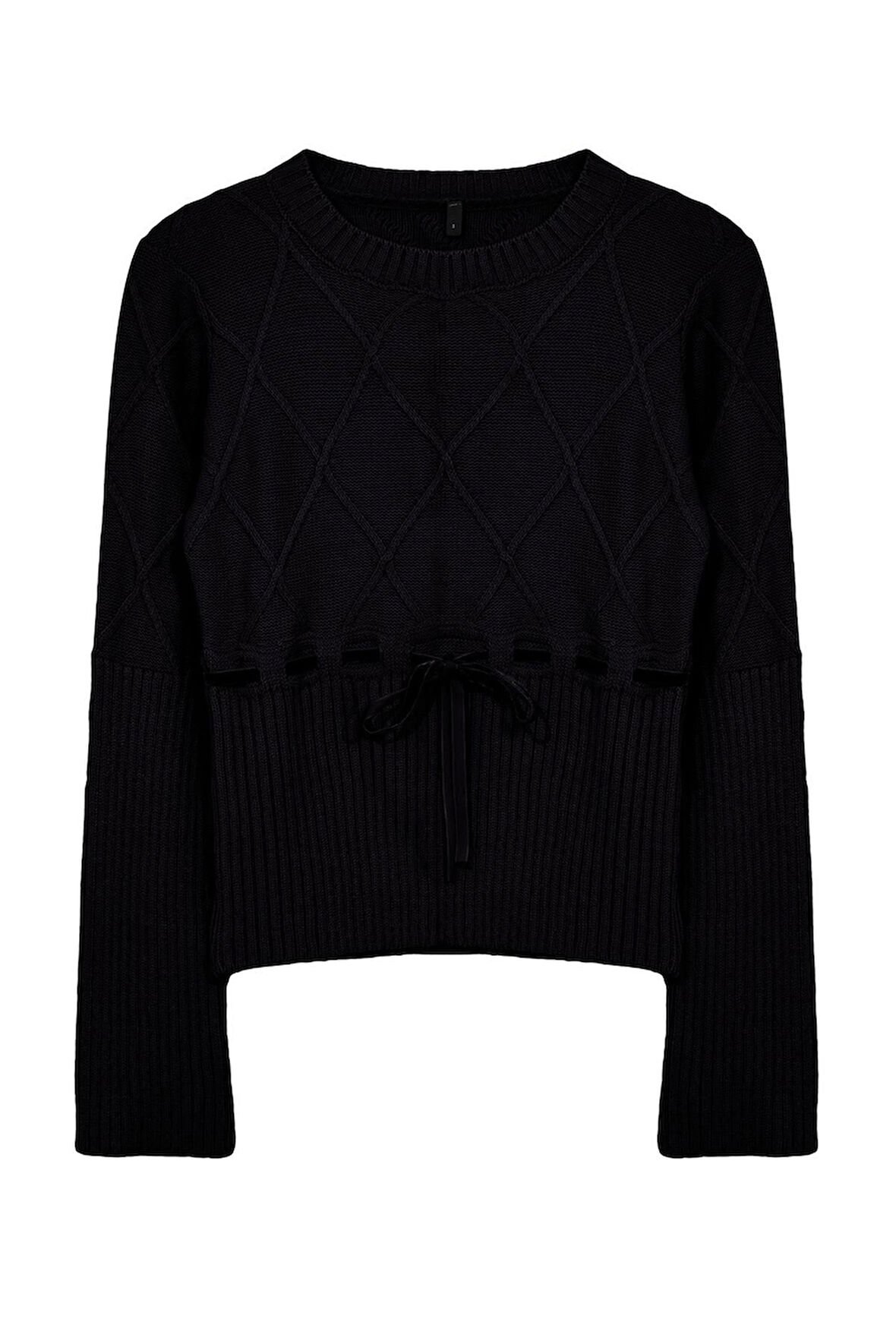 Kadın Moda Şık Bisiklet Yaka Standart Kol Regular Kurdeleli Detaylı Triko Kazak