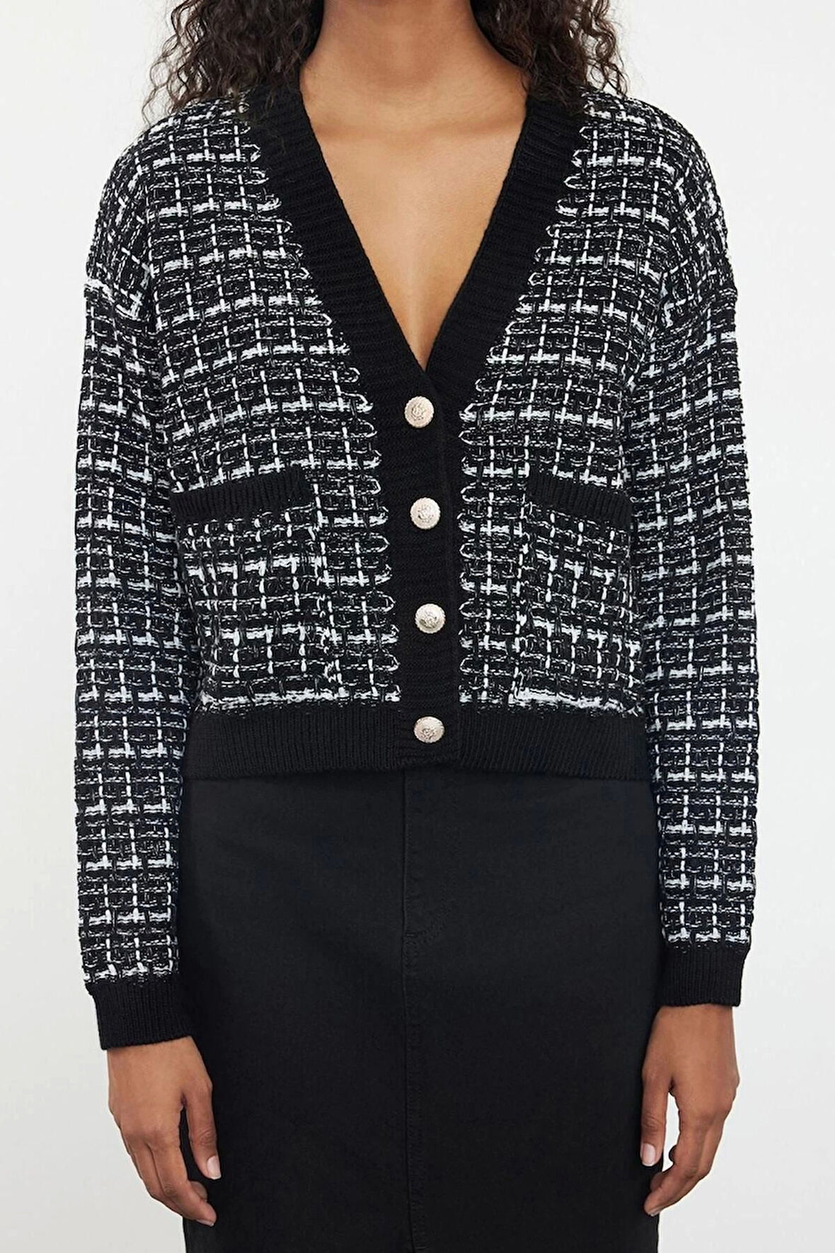 Kadın Moda Şık Regular V Yaka Slim Tüvit Görünümlü Triko Hırka