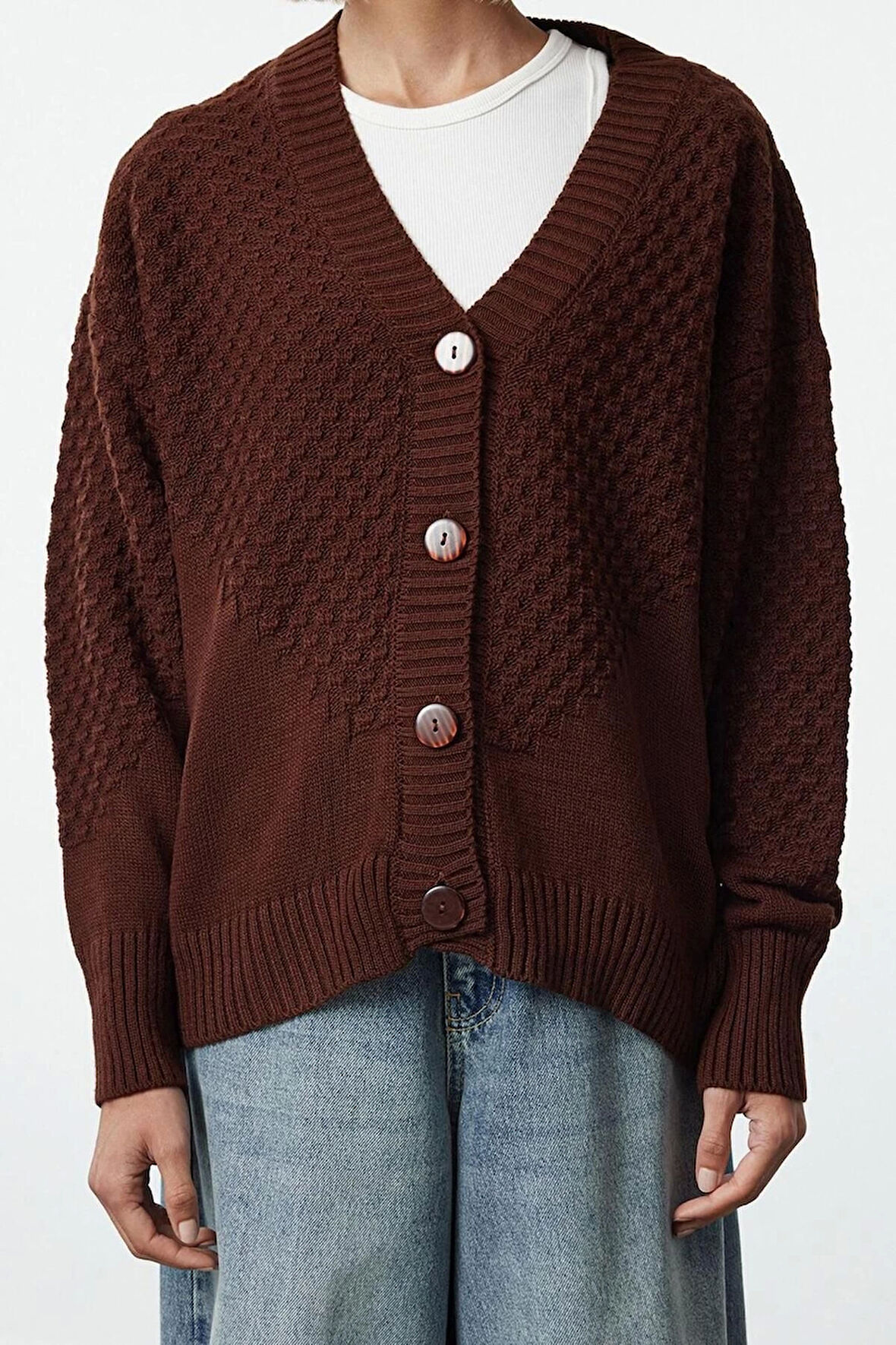 Kadın Moda Şık Regular V Yaka Oversize Geniş Kalıp Örgü Detaylı Geniş Kalıp Triko Hırka