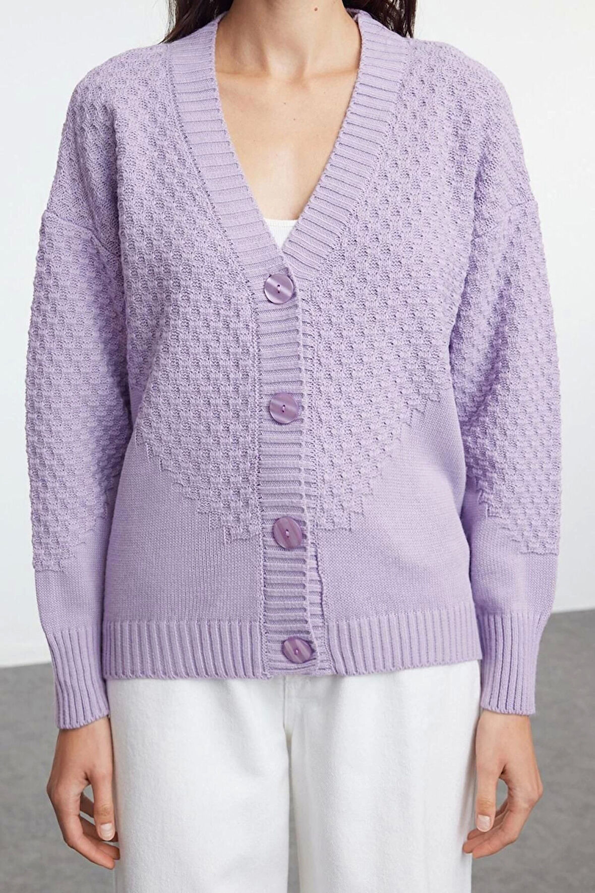 Kadın Moda Şık Regular V Yaka Oversize Geniş Kalıp Örgü Detaylı Geniş Kalıp Triko Hırka