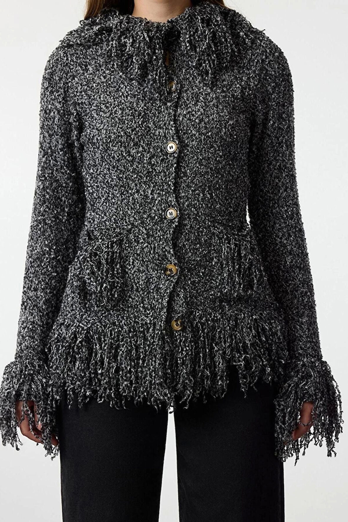 Kadın Moda Şık Regular Dik Yaka Regular Saçaklı Mont Görünümlü Triko Hırka