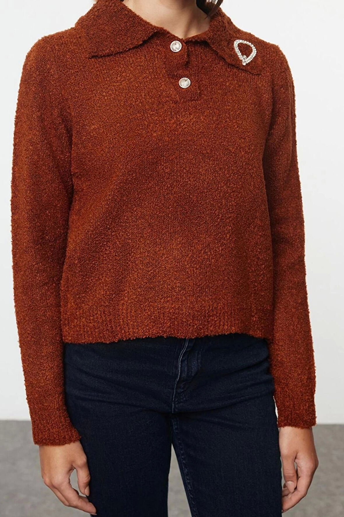 Kadın Moda Şık Polo Yaka Standart Kol Regular Yumuşak Dokulu Bronş Detaylı Triko Kazak
