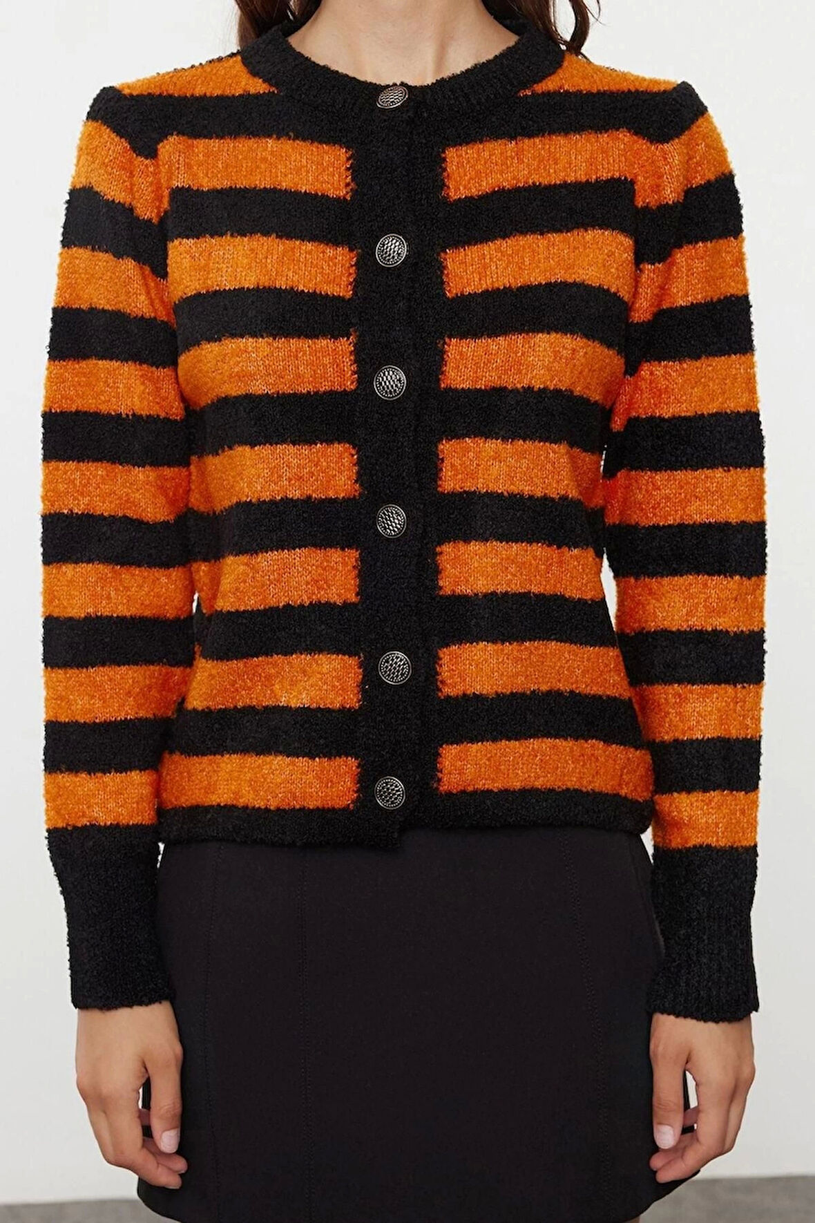 Kadın Moda Şık Regular Bisiklet Yaka Slim Buklet Triko Hırka