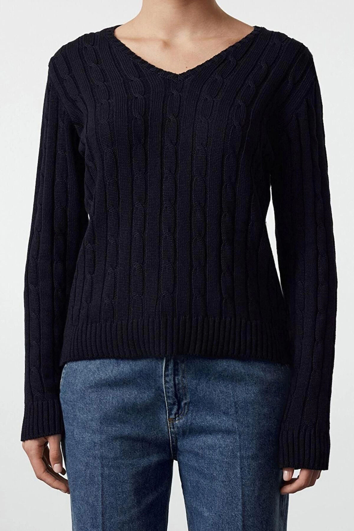 Kadın Moda Şık V Yaka Standart Kol Regular Basic Pamuklu Triko Kazak