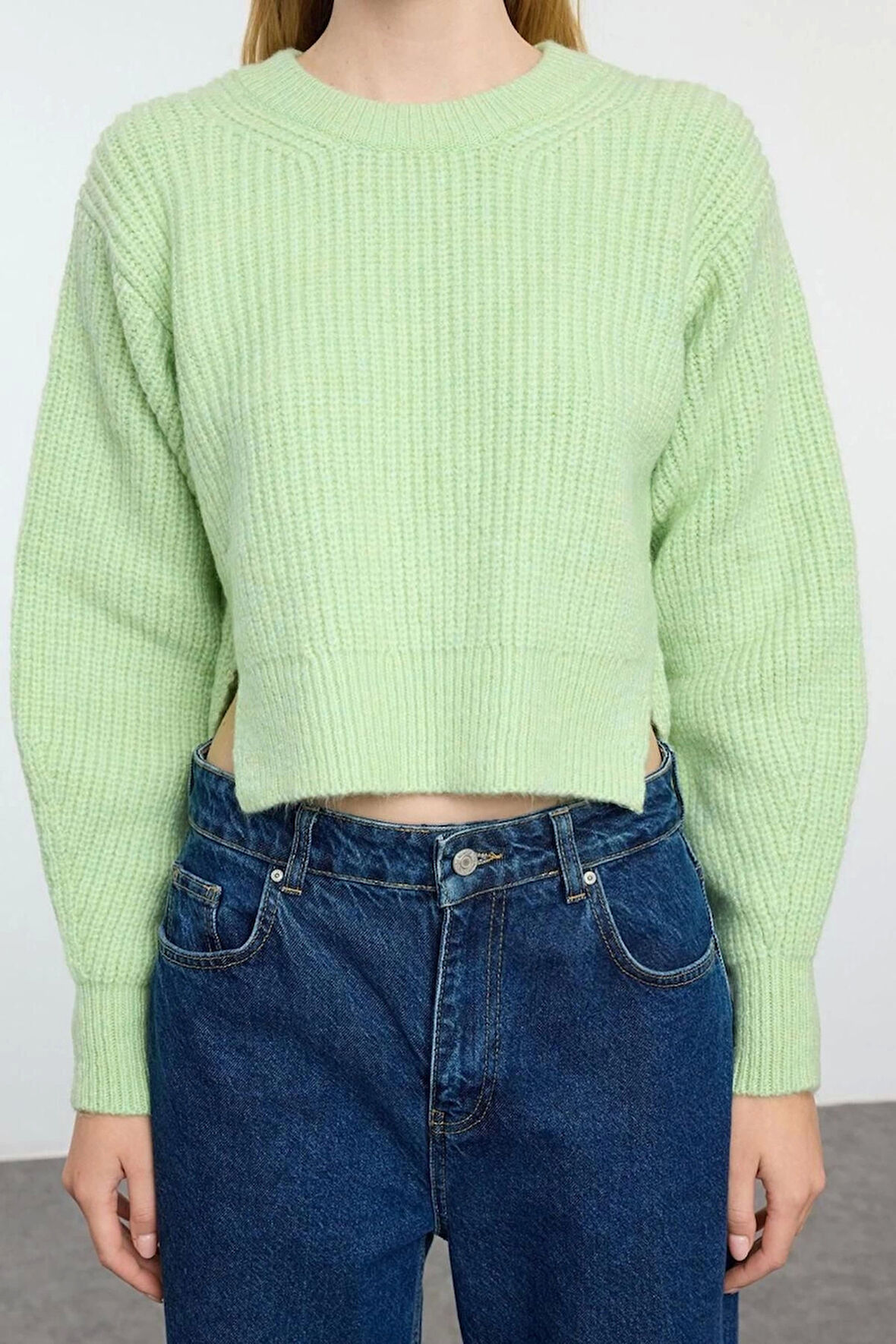 Kadın Moda Şık Bisiklet Yaka Standart Kol Regular Crop Basic Balon Kol Triko Kazak