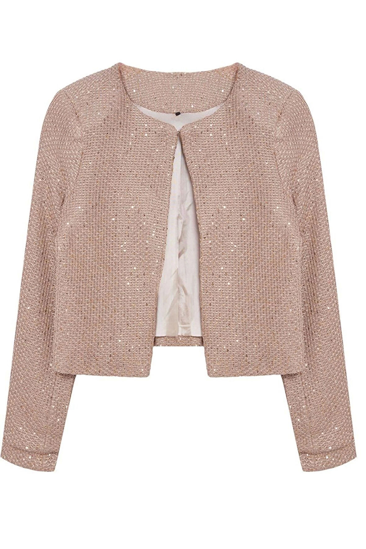 Kadın Moda Şık Crop Bisiklet Yaka Regular Crop Astarlı Payet Detaylı Ceket Görünümlü Triko Hırka