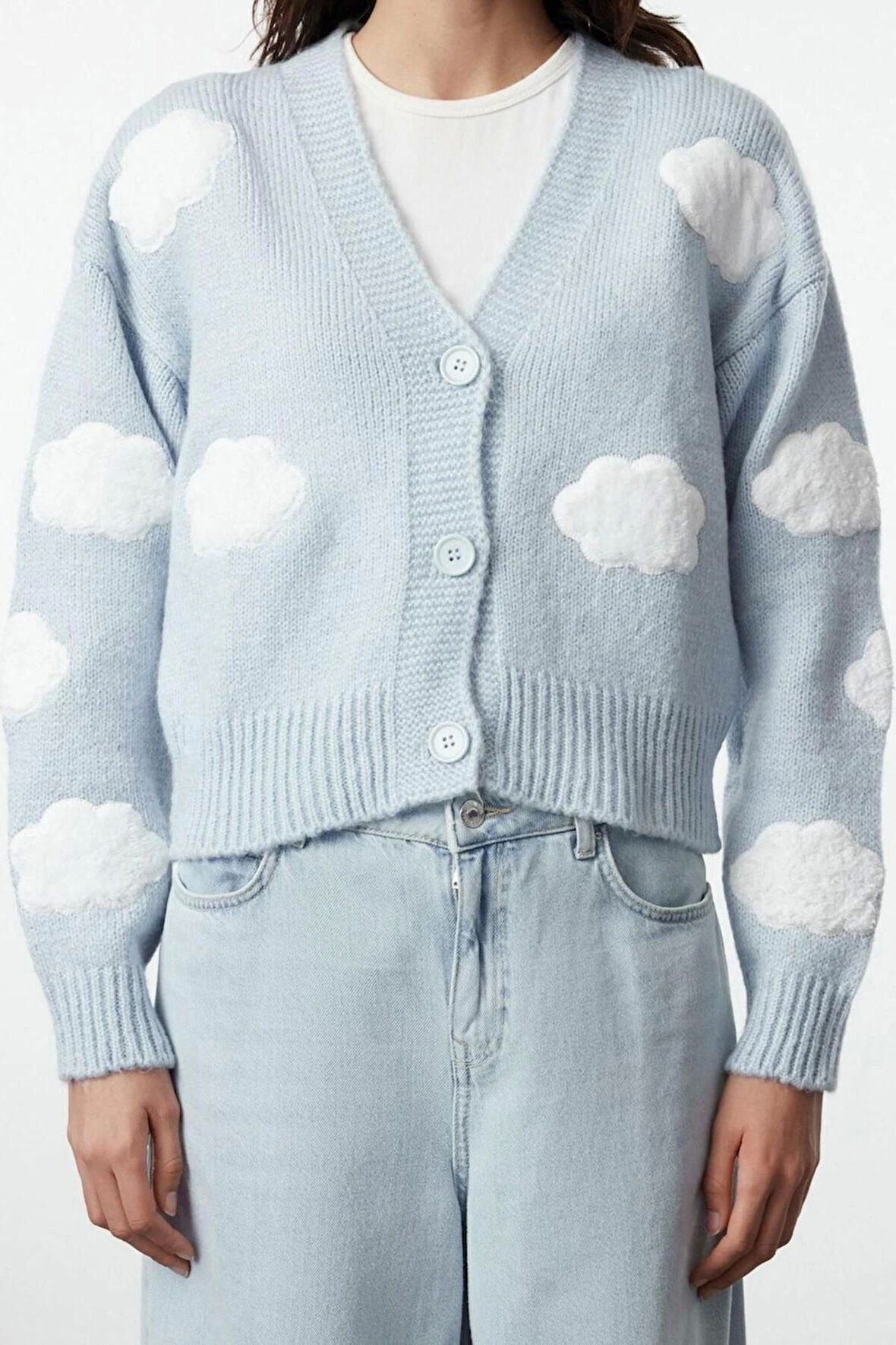 Kadın Moda Şık Crop V Yaka Regular Crop Yumuşak Dokulu Bulut Desenli V Yaka Triko Hırka