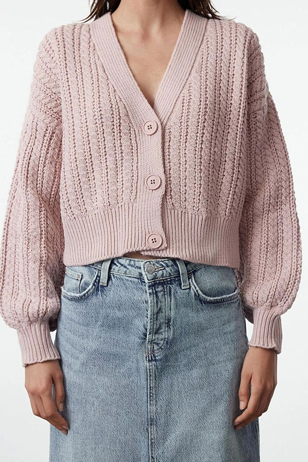 Kadın Moda Şık Crop V Yaka Regular Crop Yumuşak Dokulu Triko Hırka
