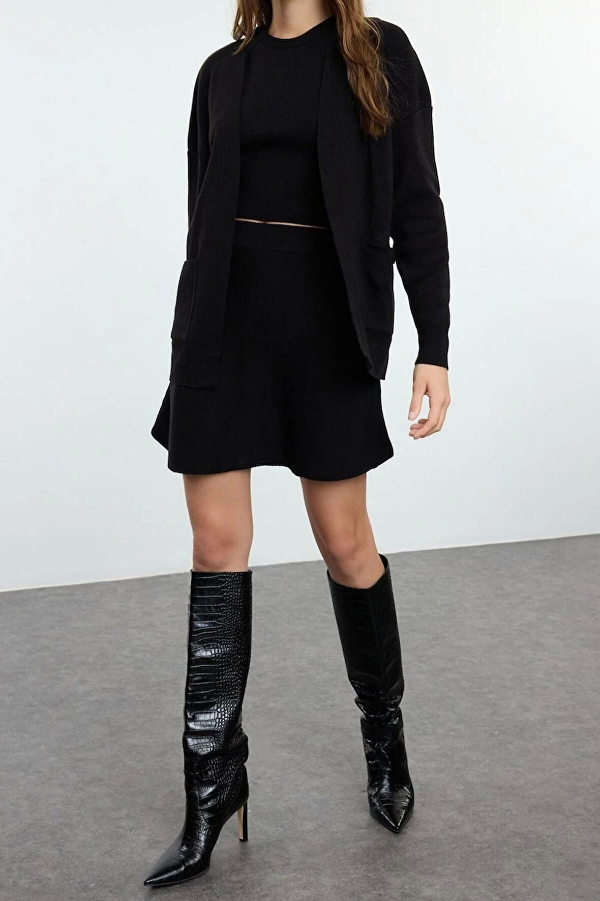 Kadın Moda Şık Regular Boy Uzun Kollu Etek-Bluz-Hırka Üçlü Triko Alt-Üst Takım