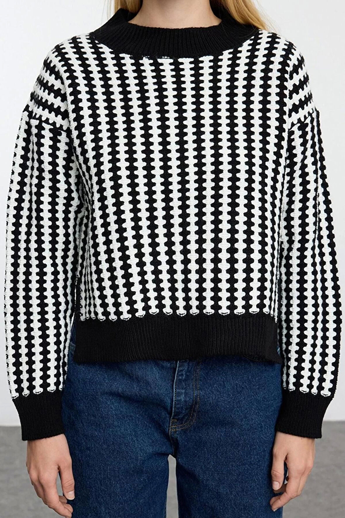 Kadın Moda Şık Bisiklet Yaka Standart Kol Regular Basic Çizgili Triko Kazak