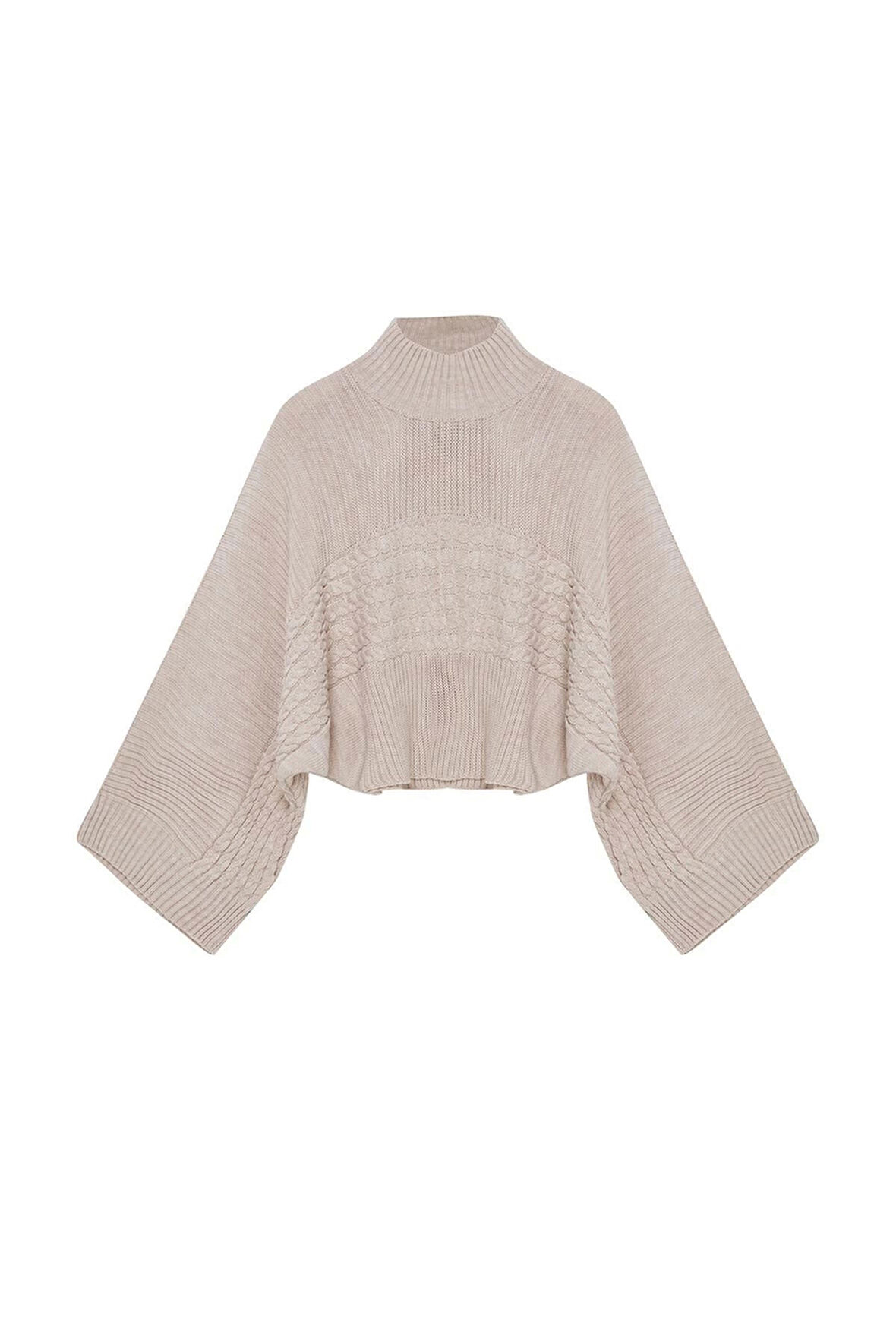 Kadın Moda Şık Dik Yaka Standart Kol Regular Crop Basic Saç Örgü Triko Kazak