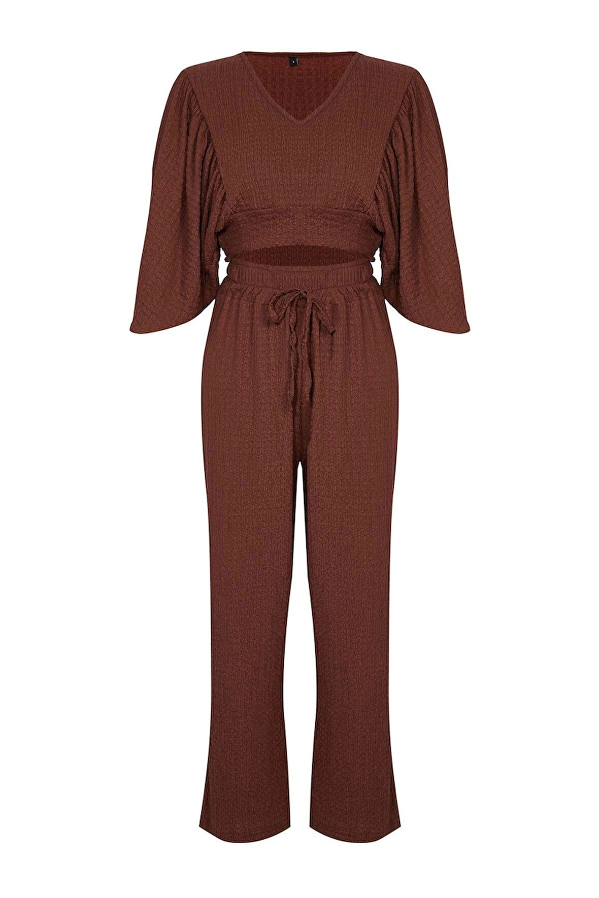 Kadın Moda Şık Boru Paça Uzun Boy Koyu Dokulu Kumaş Relaxed Esnek Bluz Pantolon Örme Alt-Üst Takım
