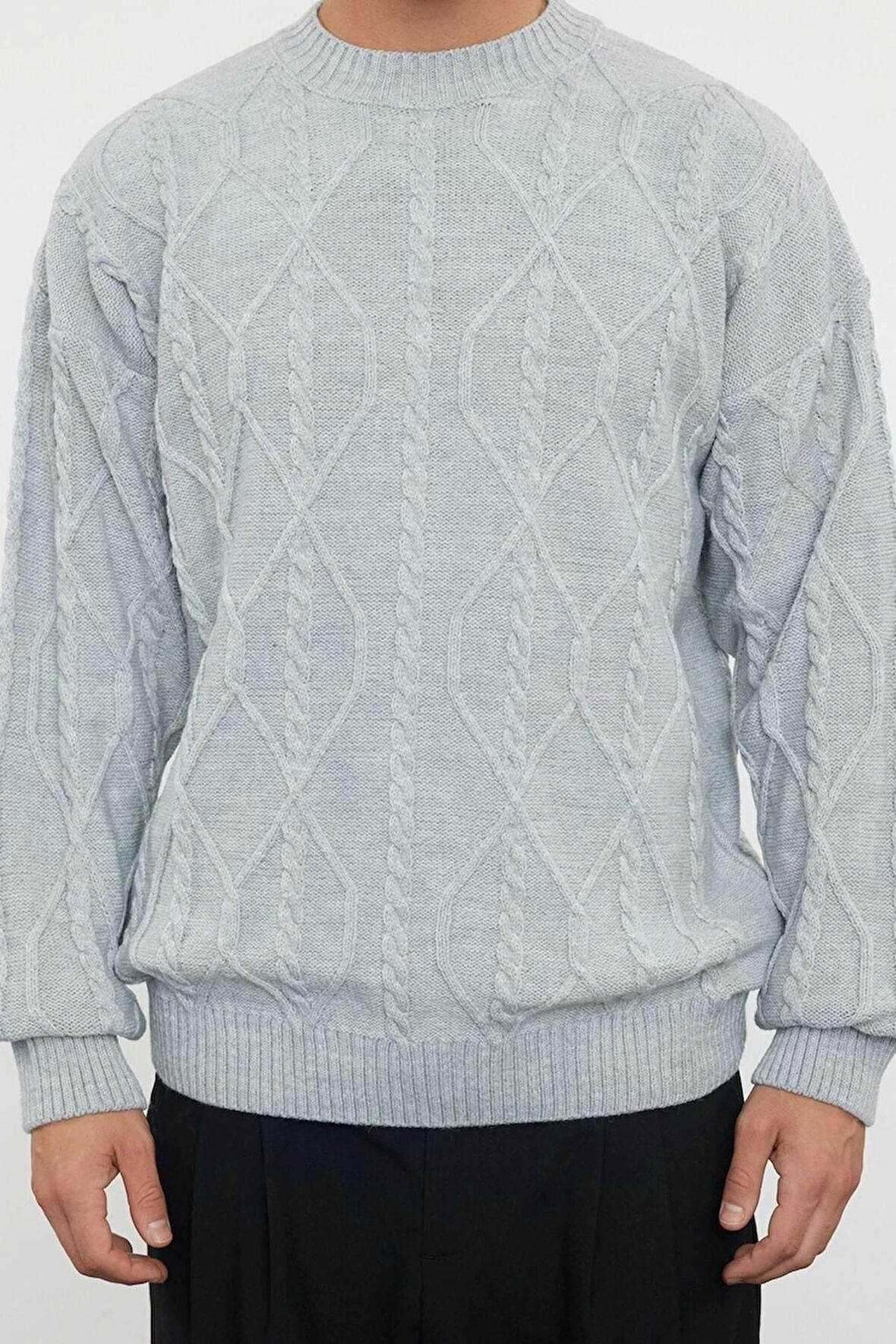 Erkek Moda Şık Regular Bisiklet Yaka Uzun Kol Saç Örgü Oversize Triko Kazak