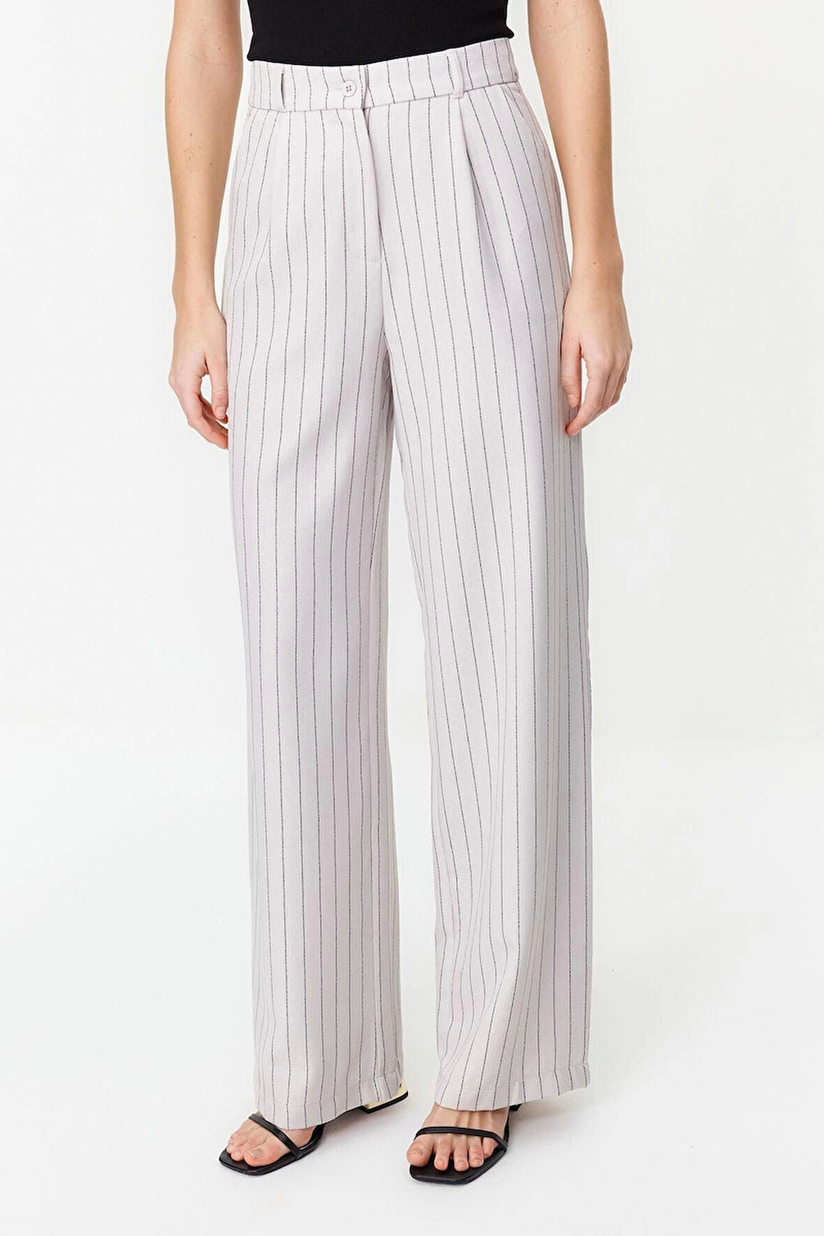 Kadın Yeni Moda Geniş Paça Uzun Boy Dokuma Yüksek Bel Wide Leg Geniş Paça Çizgili Pantolon