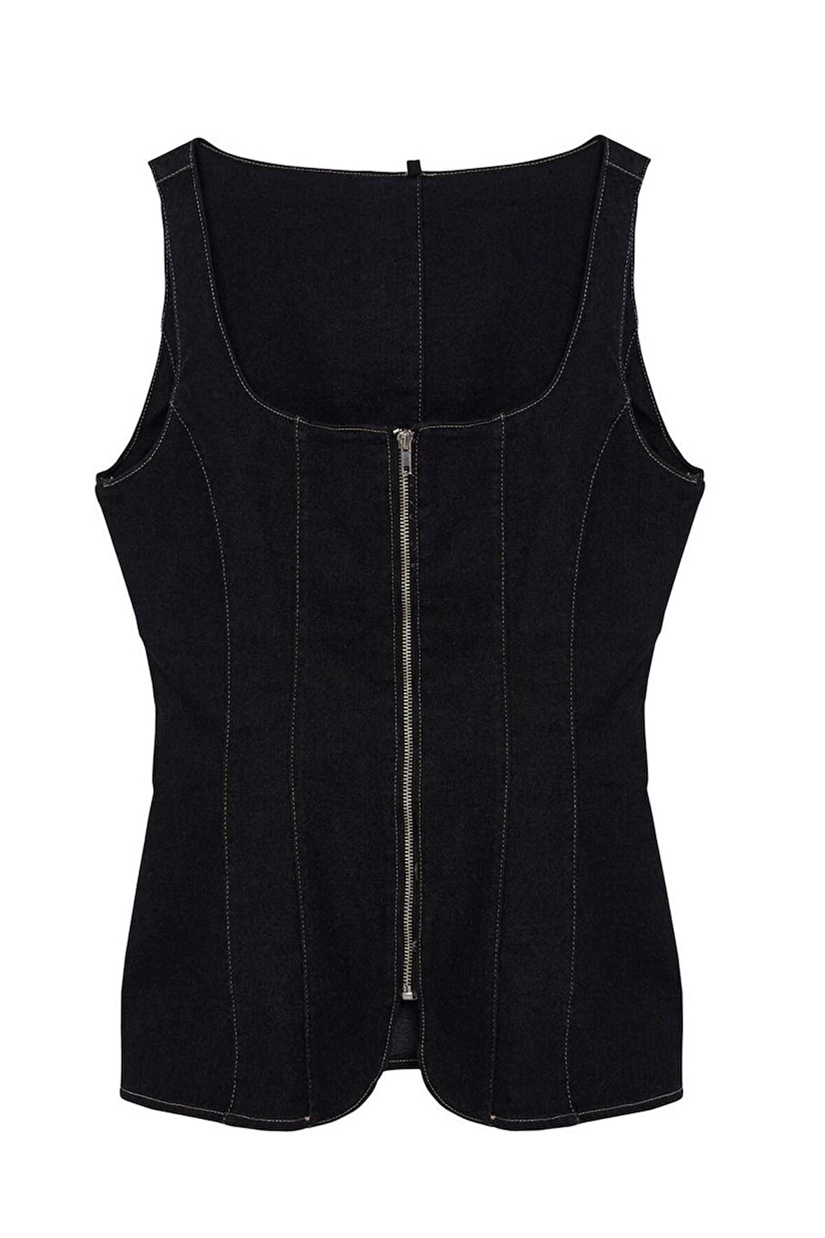 Kadın Moda Şık Üst Giyim Uzun Kare Yaka Fitted Kalıp Denim Dikiş Detaylı Fermuarlı Bluz
