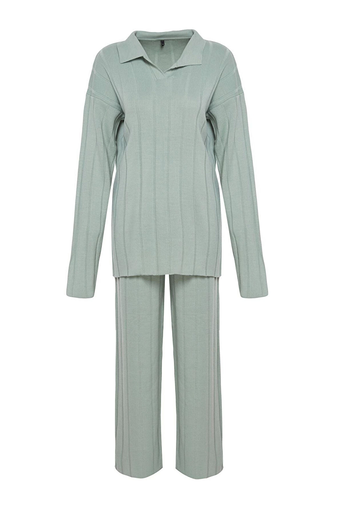 Kadın Moda Şık Regular Uzun Boy Uzun Kollu Fitilli Örgü Polo Yaka Triko Alt-Üst Takım