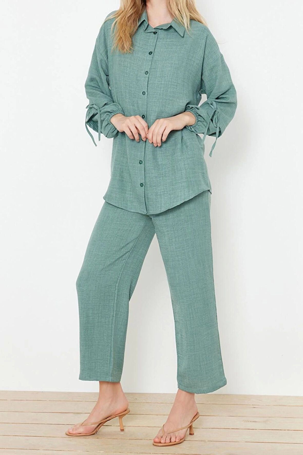 Kadın Moda Şık Regular Boy Uzun Kollu Keten Görünümlü Dokuma Alt-Üst Takım