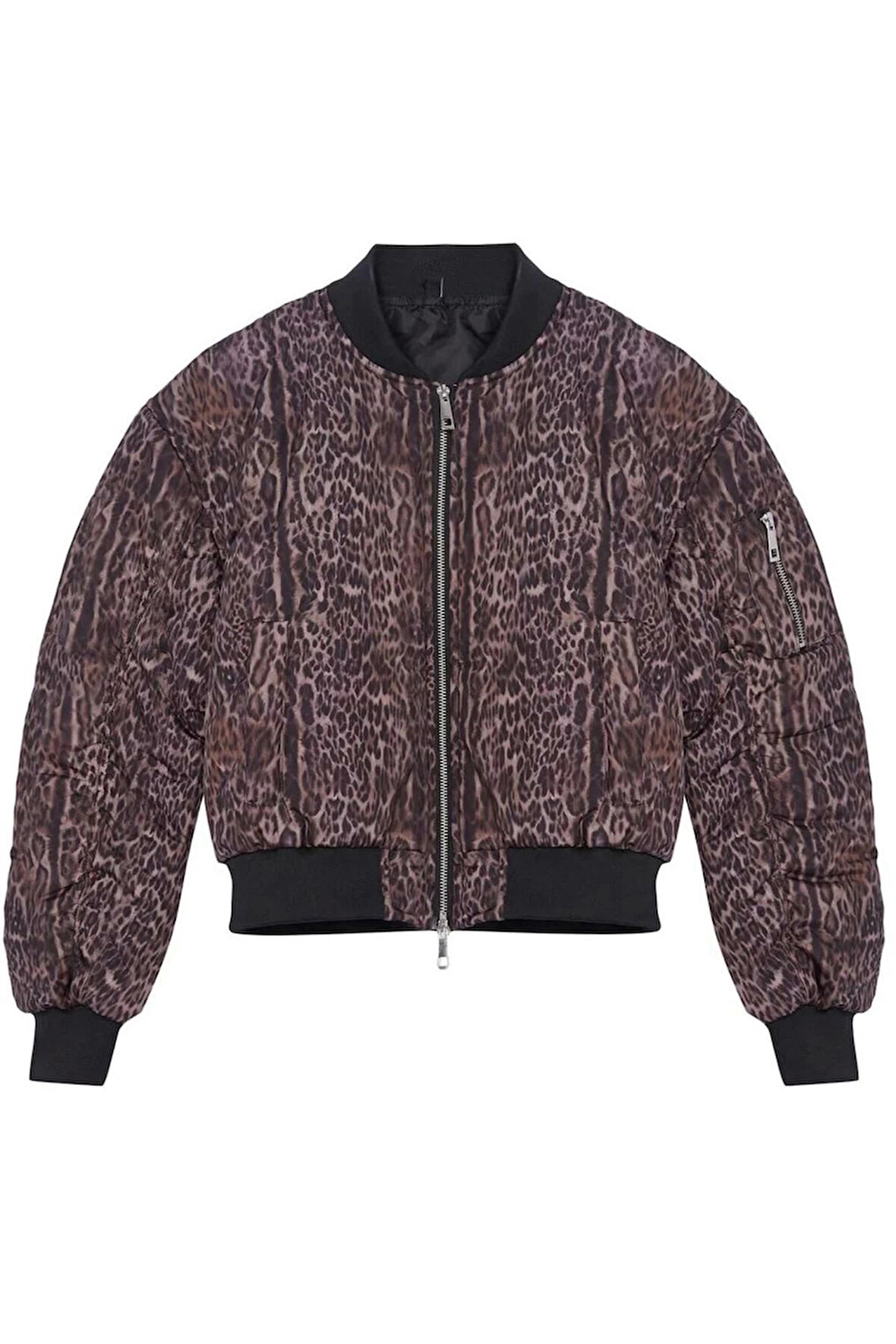 Kadın Moda Şık Bol Hakim Yaka Standart Düz Astarlı Leopar Desenli Oversize Kapitone Şişme Mont