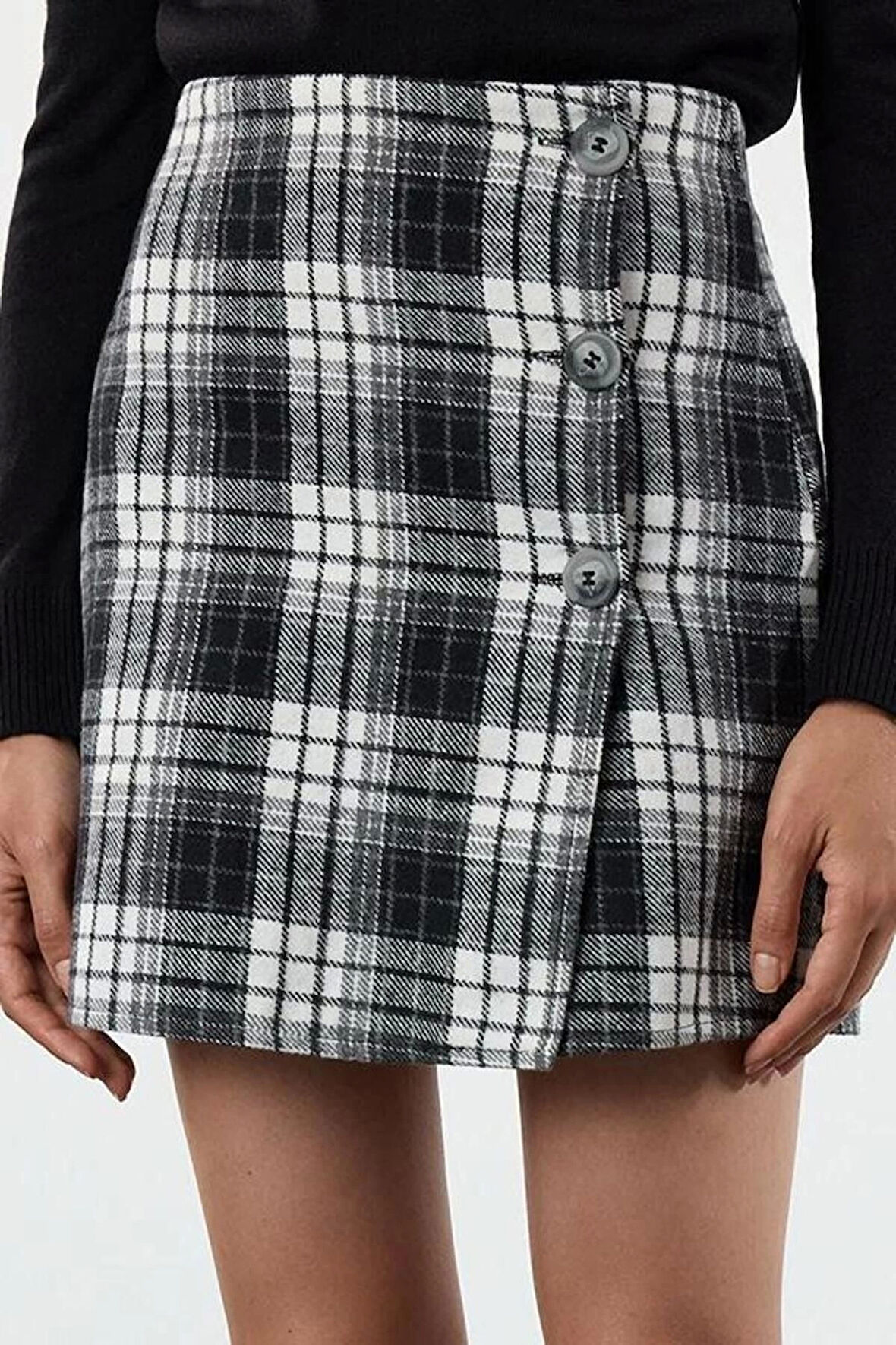 Kadın Moda Stil Mini Astarsız Dokuma Kruvaze Ekose Desenli Mini Dokuma Etek