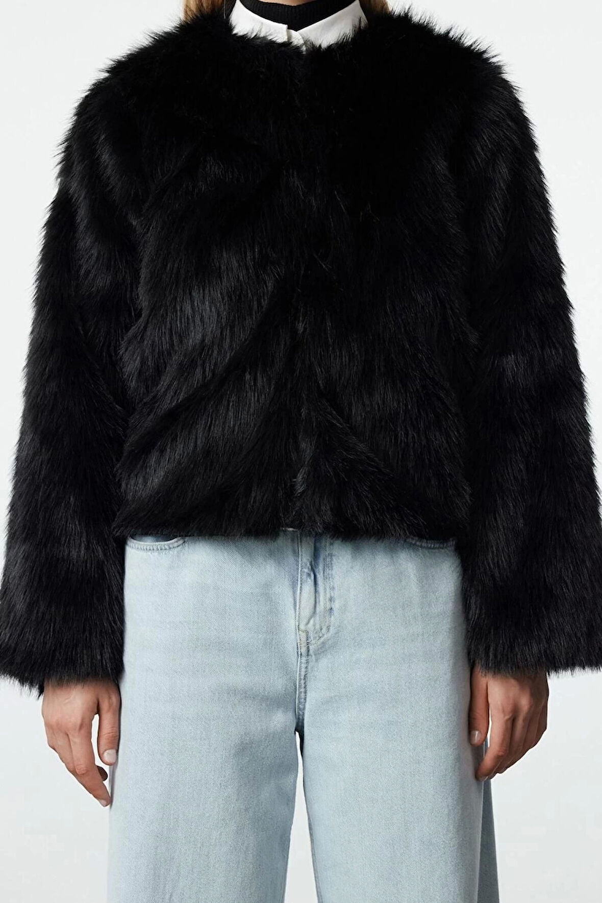 Kadın Moda Şık Bol Bisiklet Yaka Standart Düz Astarlı Oversize Kürk Mont