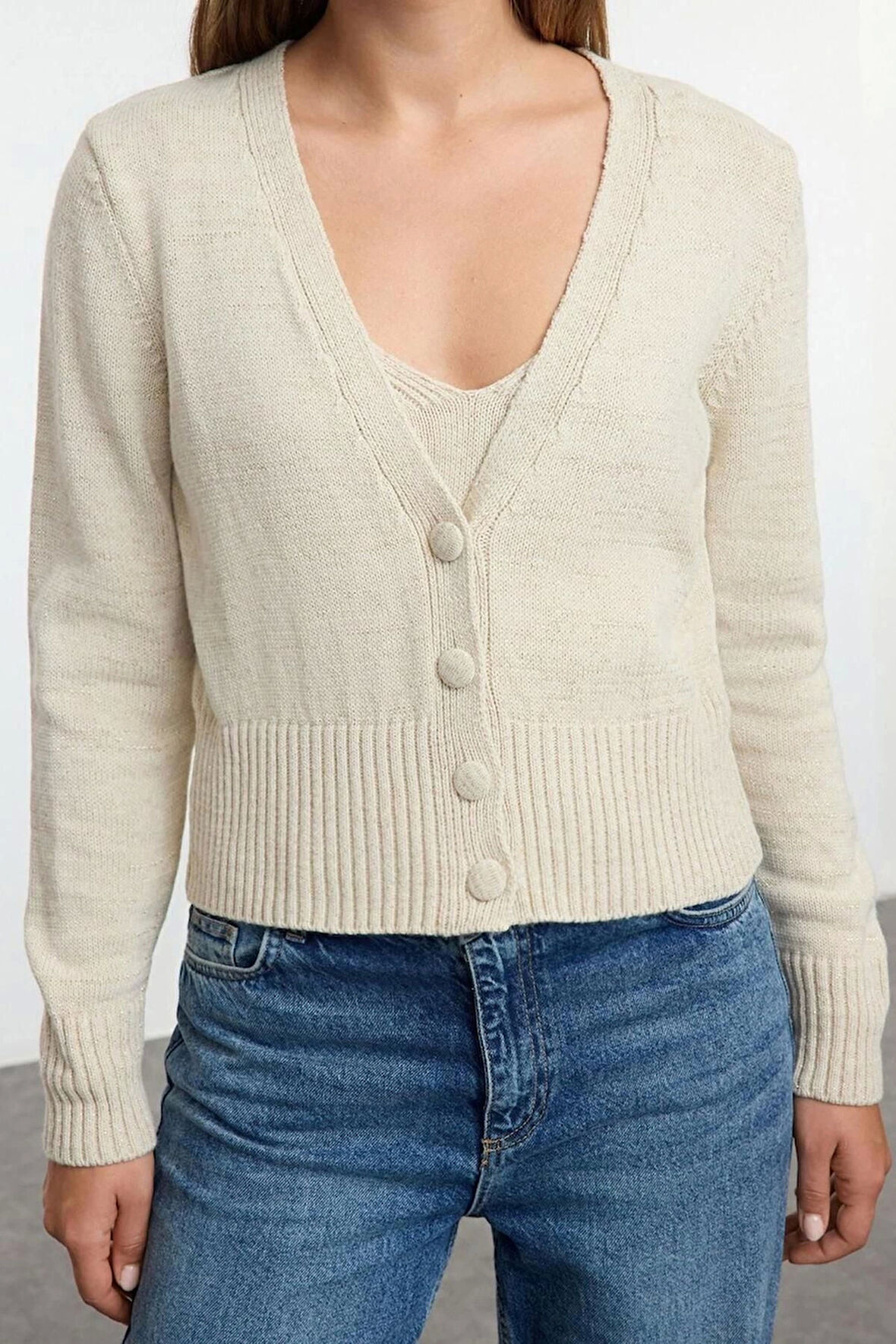 Kadın Moda Şık Crop V Yaka Regular Crop Bluz-Hırka Takım Triko Hırka