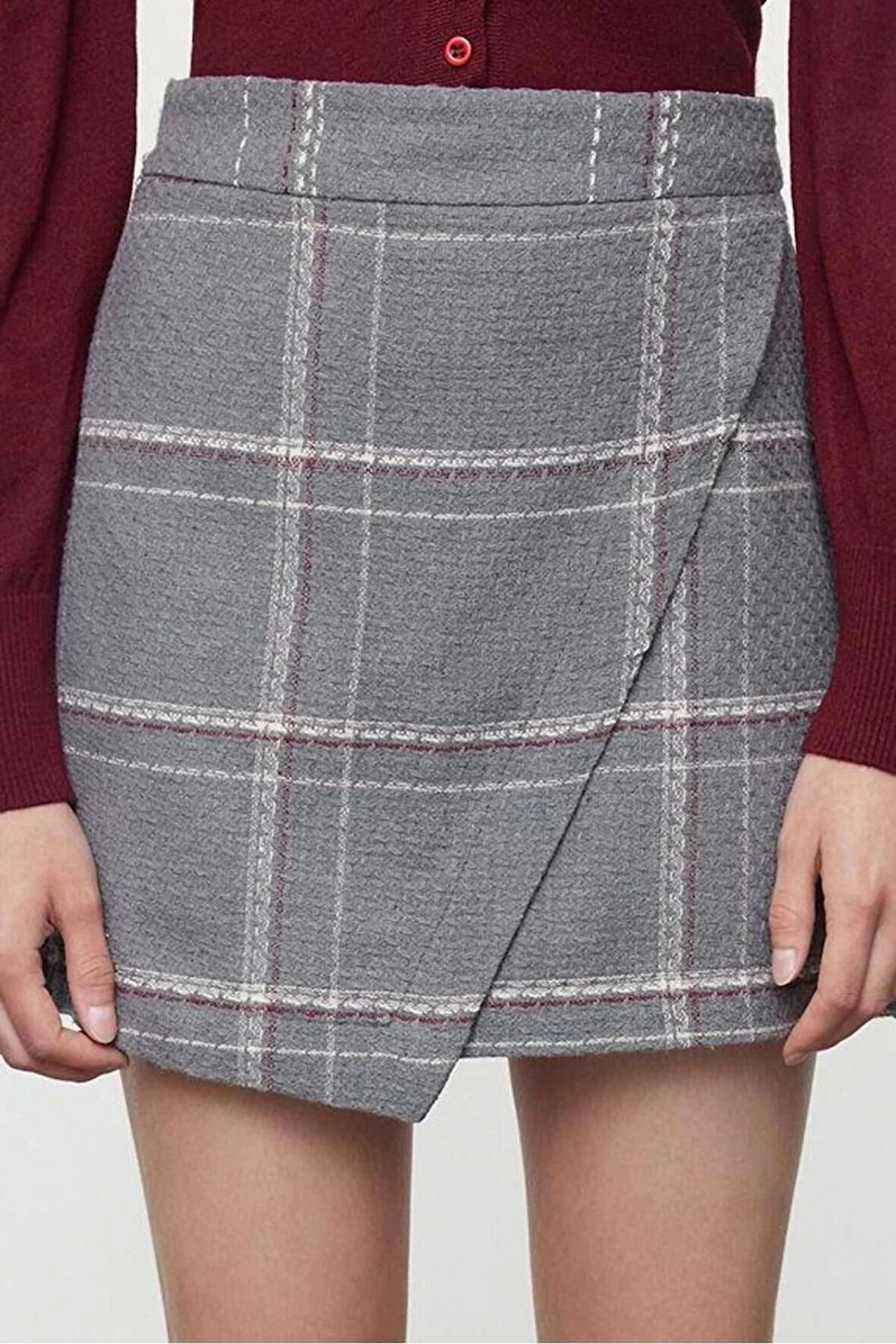 Kadın Moda Stil Mini Astarsız Dokuma Kruvaze Dokuma Ekose Etek