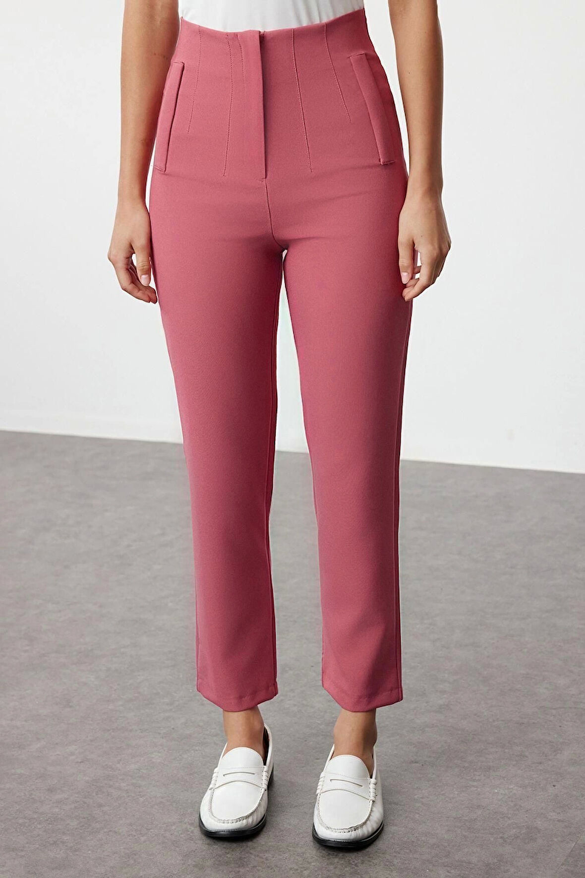 Kadın Yeni Moda Geniş Paça Regular Boy Dokuma Cigarette Kalıp Pensli Yüksek Bel Bilek Boy Pantolon